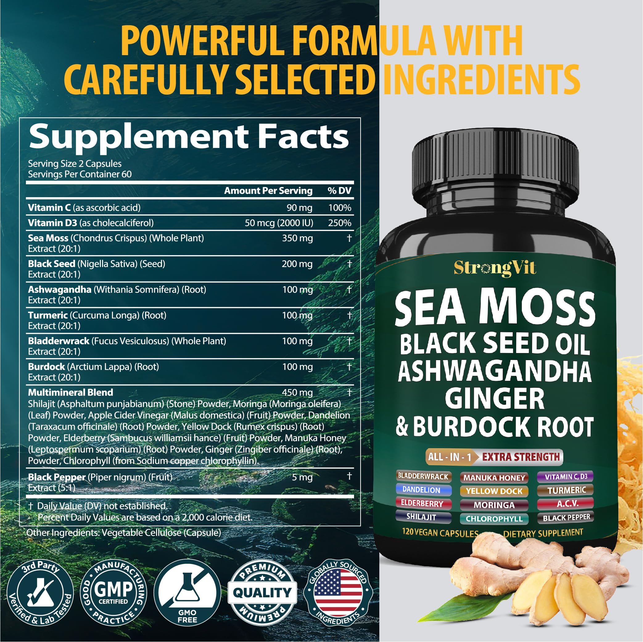 Sea Moss Black Seed Oil Ashwagandha Ginger, Organic Seamoss - 120 Capsules