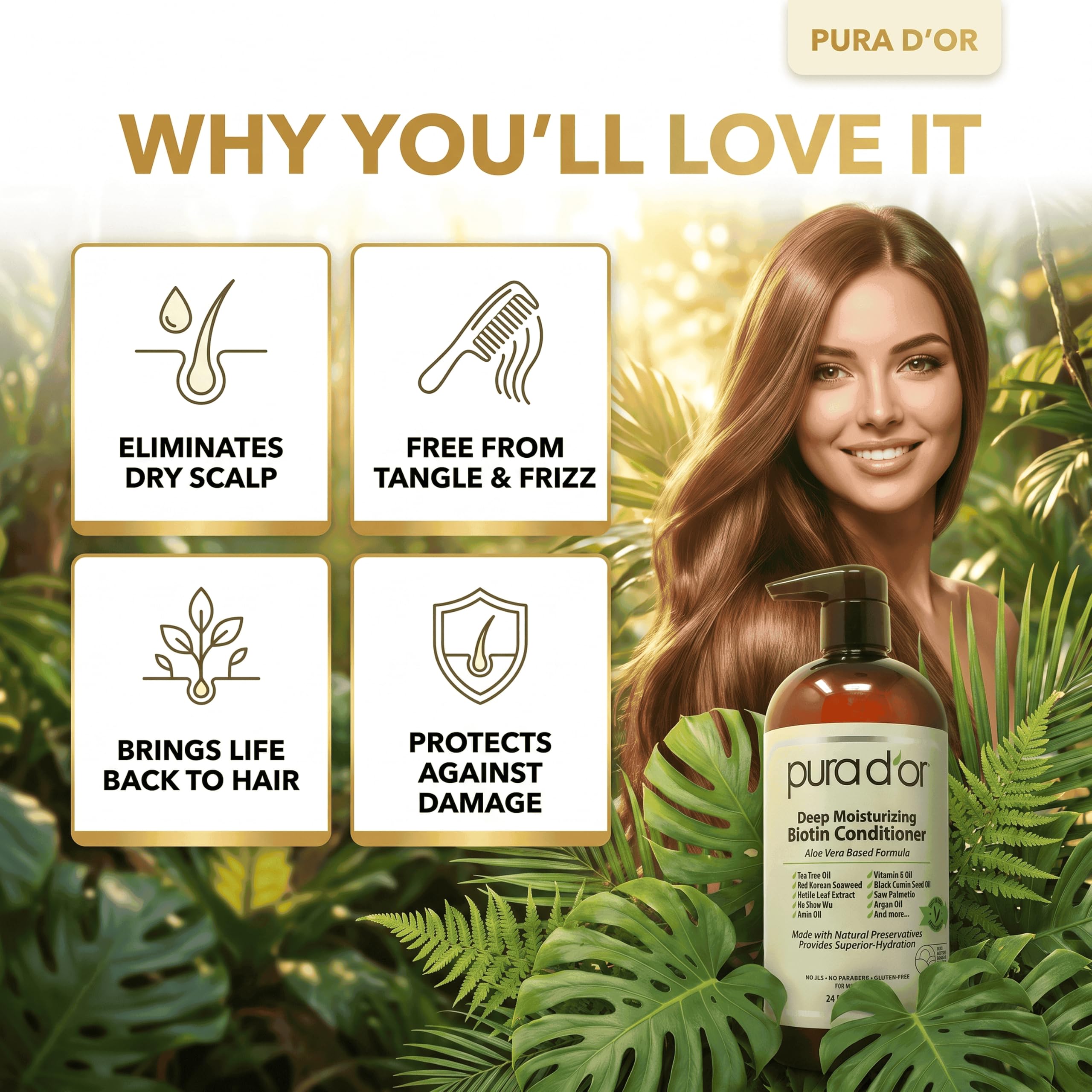 PURA D'OR Deep Moisturizing Biotin Conditioner 24oz bottle with pump top, designed for nourishing and hydrating hair.