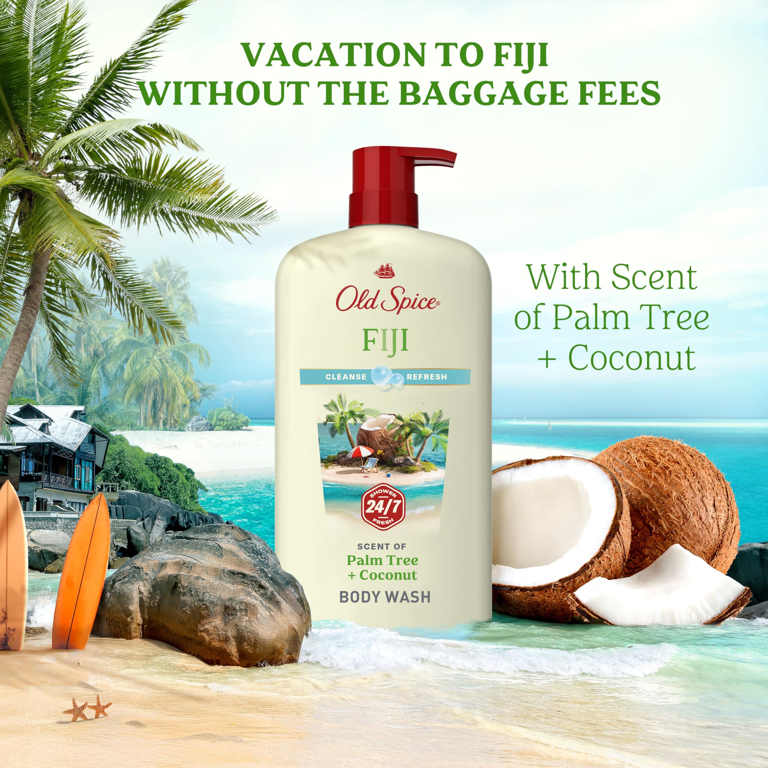 Old Spice 24/7 Shower Fresh body wash for men, 25 oz bottle with coconut and palm scent, gentle skin cleanser, pack of four