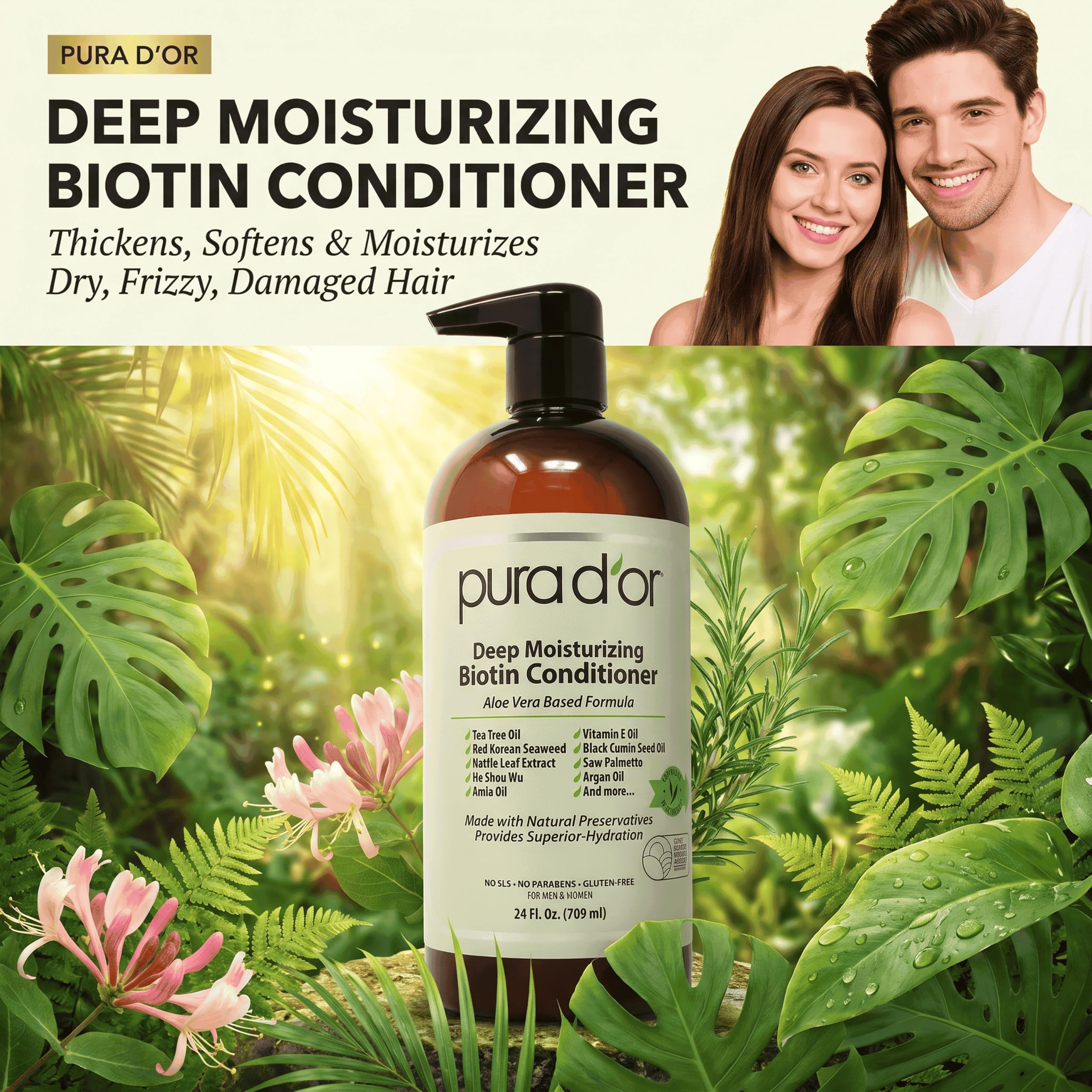 PURA D'OR Deep Moisturizing Biotin Conditioner 24oz bottle with pump dispenser, designed for nourishing and strengthening hair.