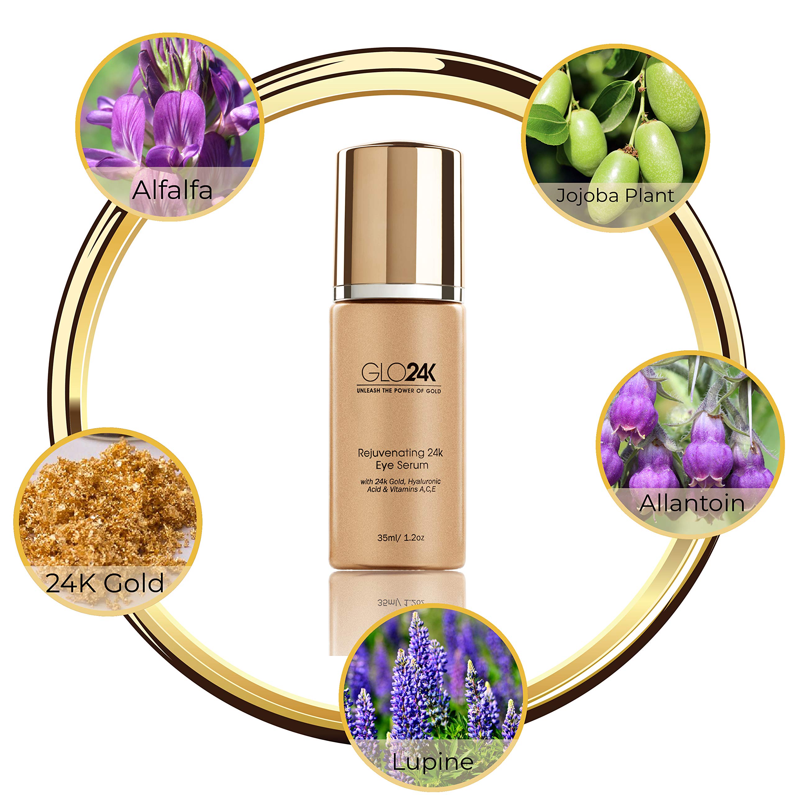 GLO24K Eye Serum with 24k gold, hyaluronic acid, and vitamins A, C, E for delicate skin around the eyes.