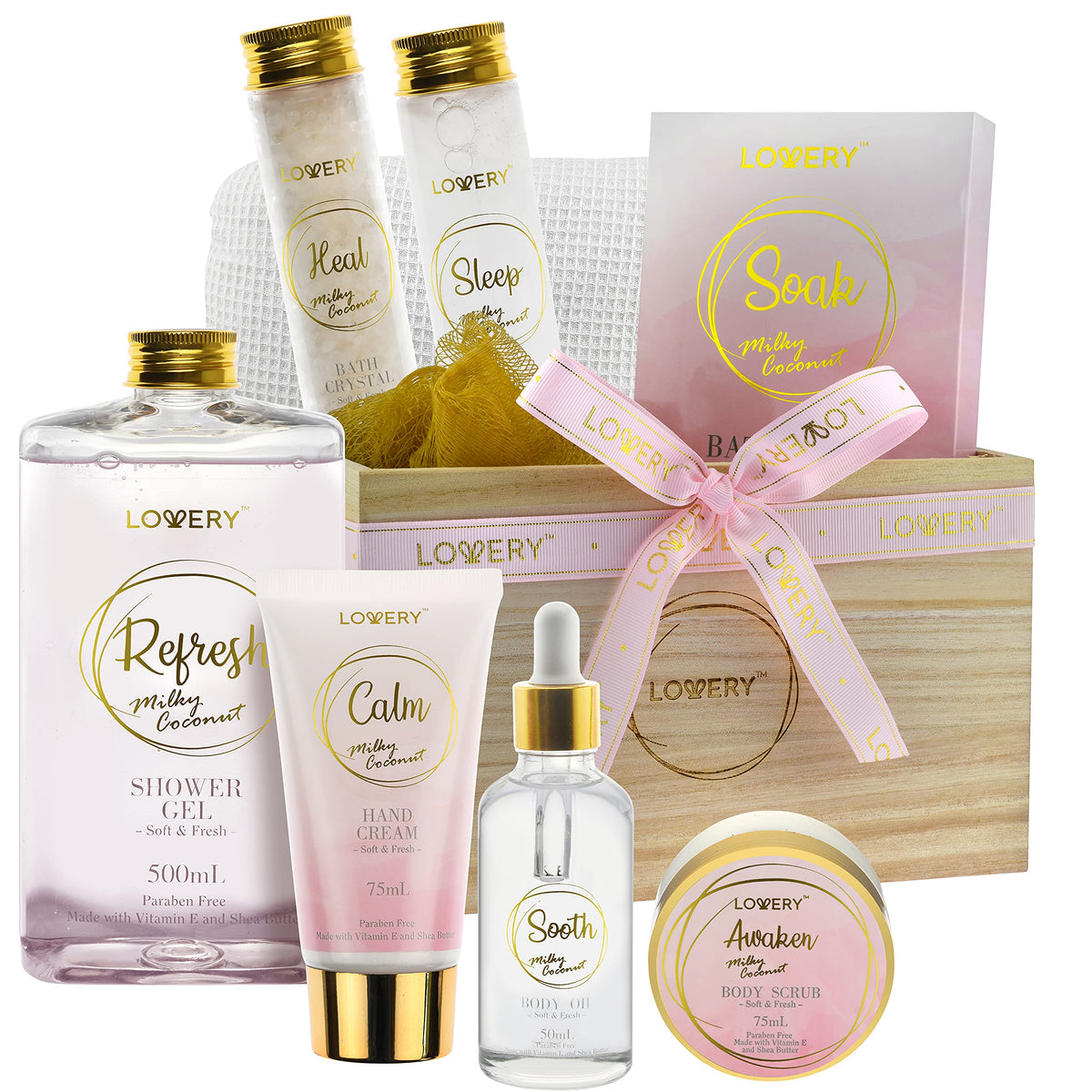 LOVERY Luxury Bath Gift Set - Home Spa Gift Basket with Milky Coconut Scent, Vitamin E & Shea Butter with Shower Gel, Ba
