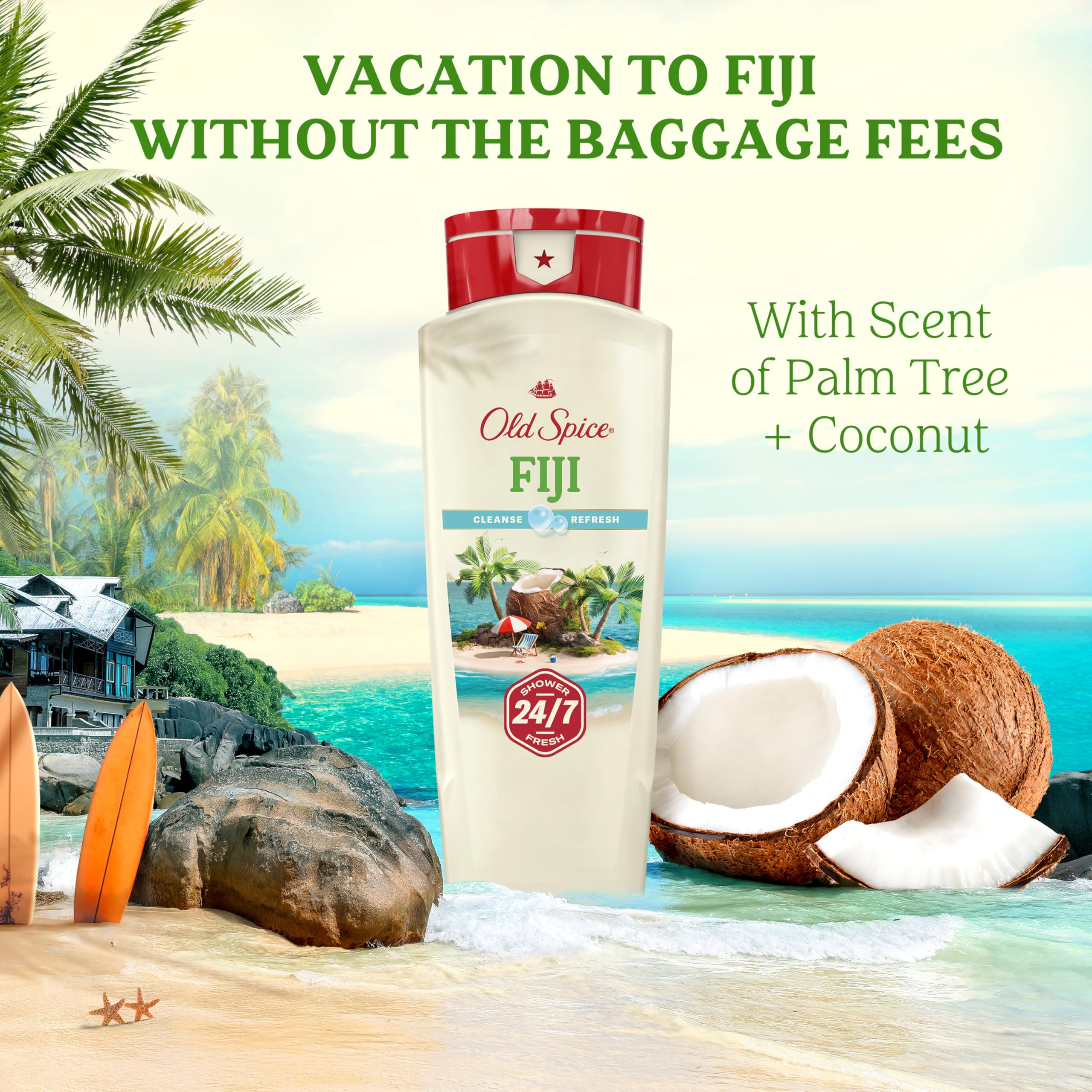 Old Spice 24/7 Shower Fresh body wash for men, Fiji scent with palm and coconut, 18 oz bottle, pack of 4.
