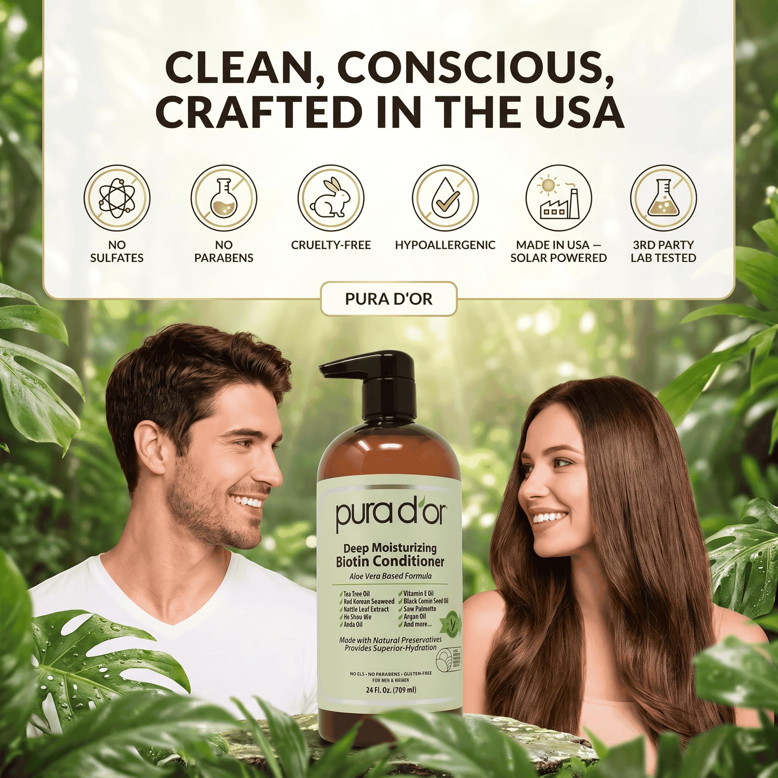 PURA D'OR Deep Moisturizing Biotin Conditioner bottle, 24oz, with natural ingredients for nourishing hair.
