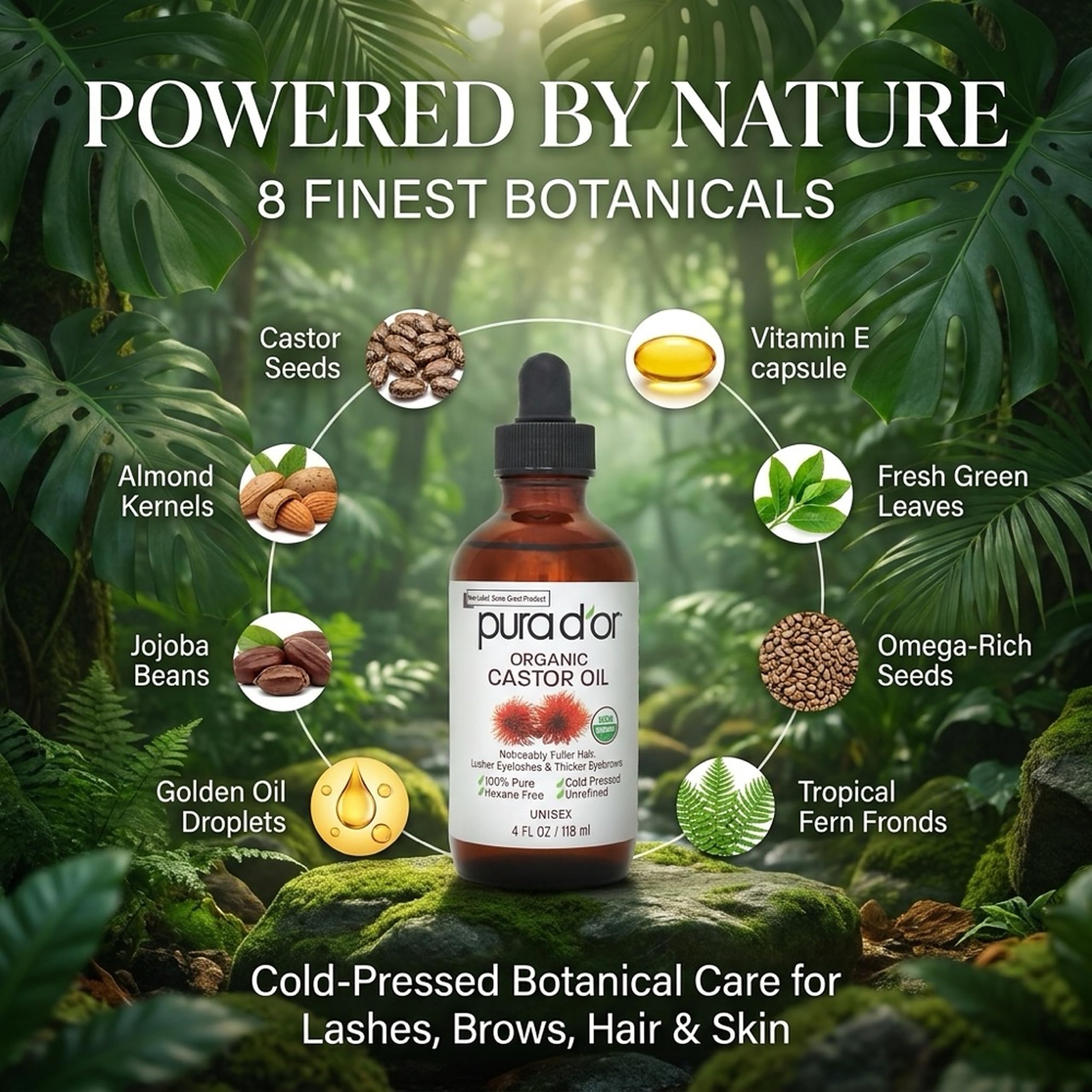 PURA D'OR ORGANIC Castor Oil Pure Cold-Pressed for Hair & Skin, 4oz