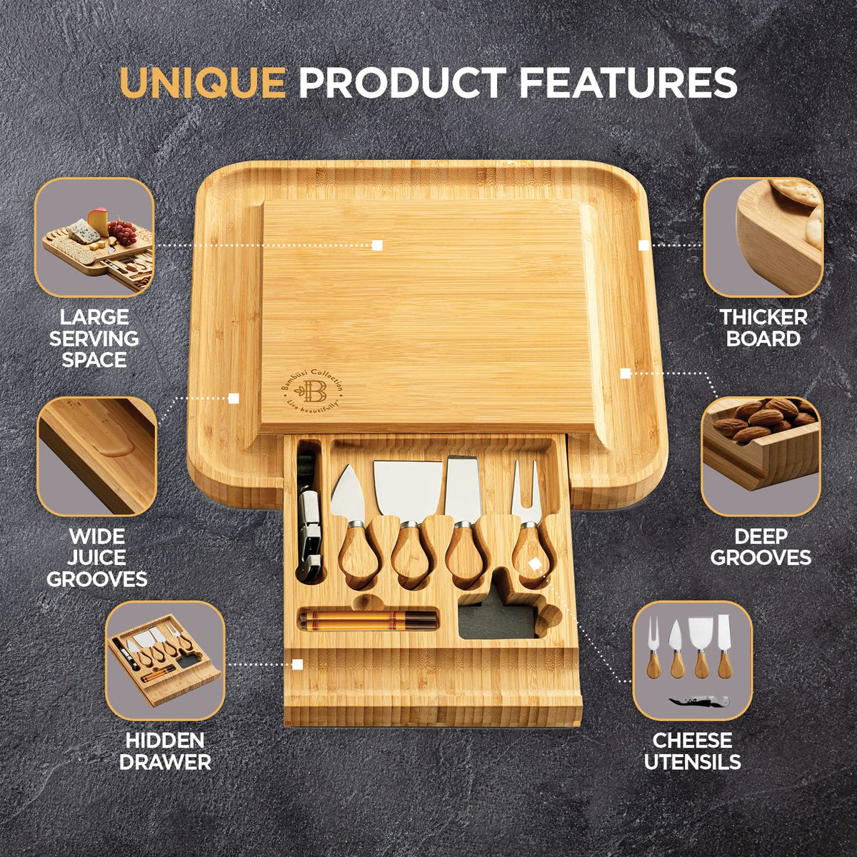 Charcuterie Boards Gift Set with Hidden Drawer - Bambüsi Official Imagery - 5