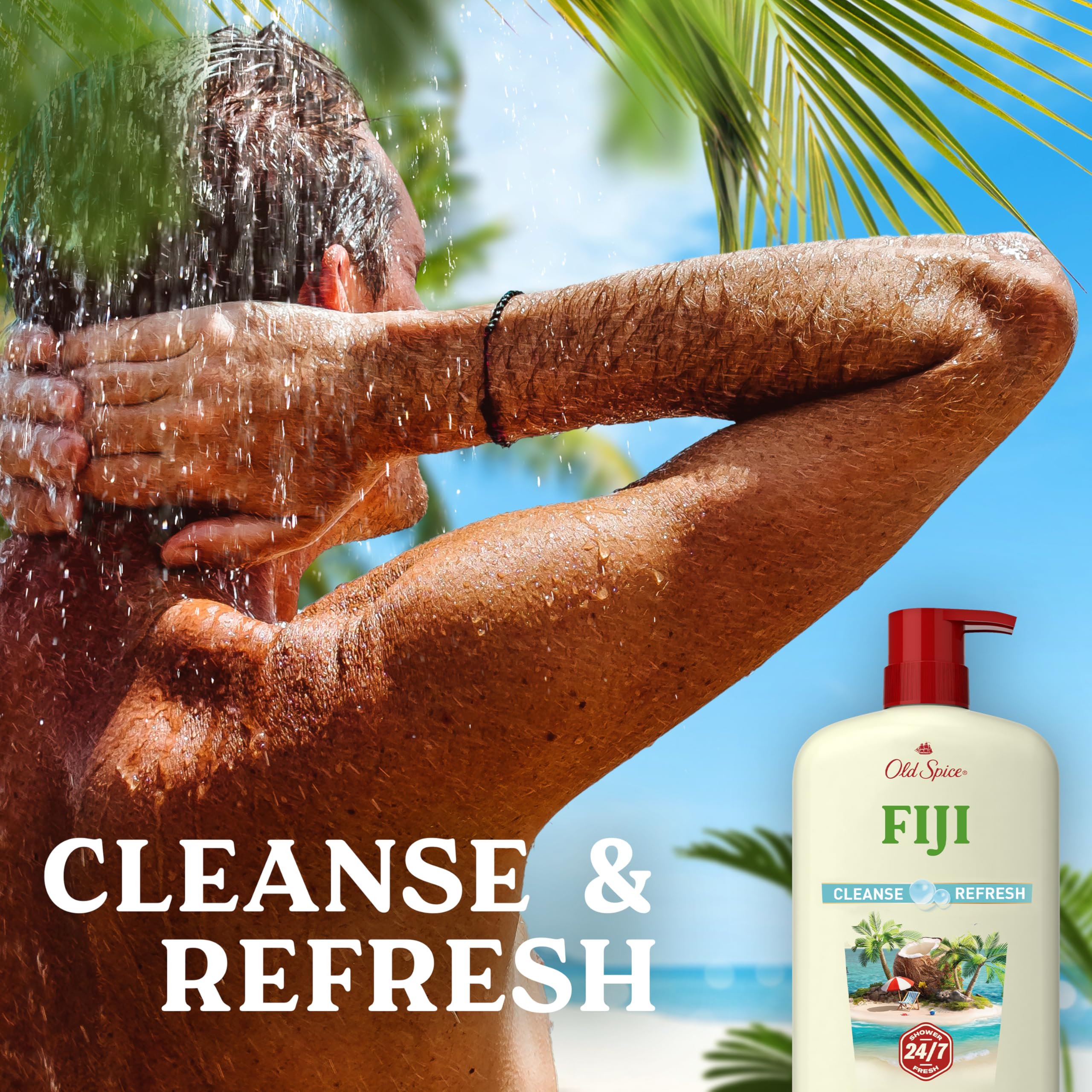 Old Spice 24/7 Shower Fresh body wash for men with palm and coconut scent, 25 oz bottles, pack of 4, gentle on skin, vitamin B3.