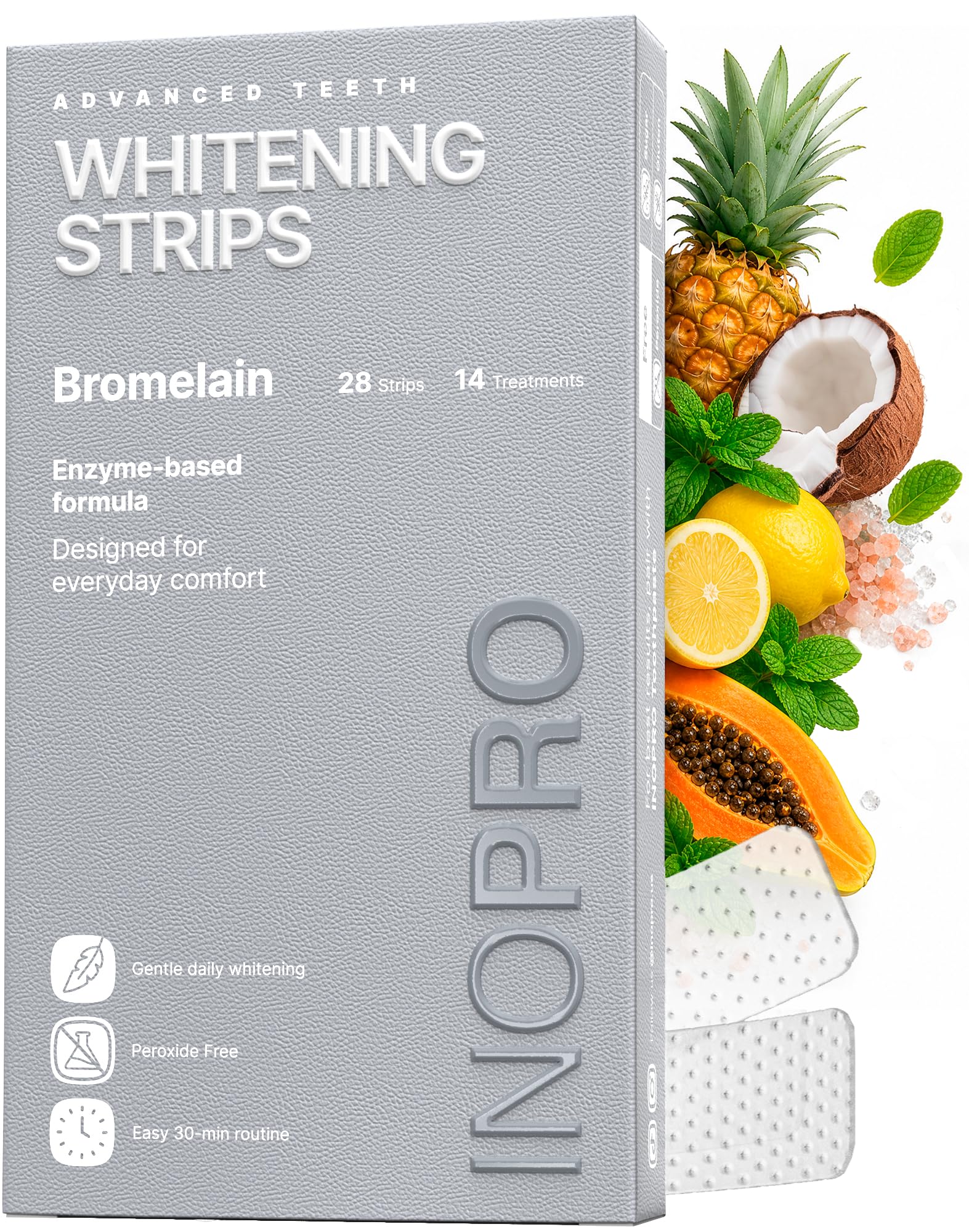 InoPro Natural Teeth Whitening Strips Kit 14 Treatments - Sensitive Teeth Whitener, Peroxide Free with Papain, Bromelain, Coconut Oil, White Strips for Teeth Whitening (28 Strips)