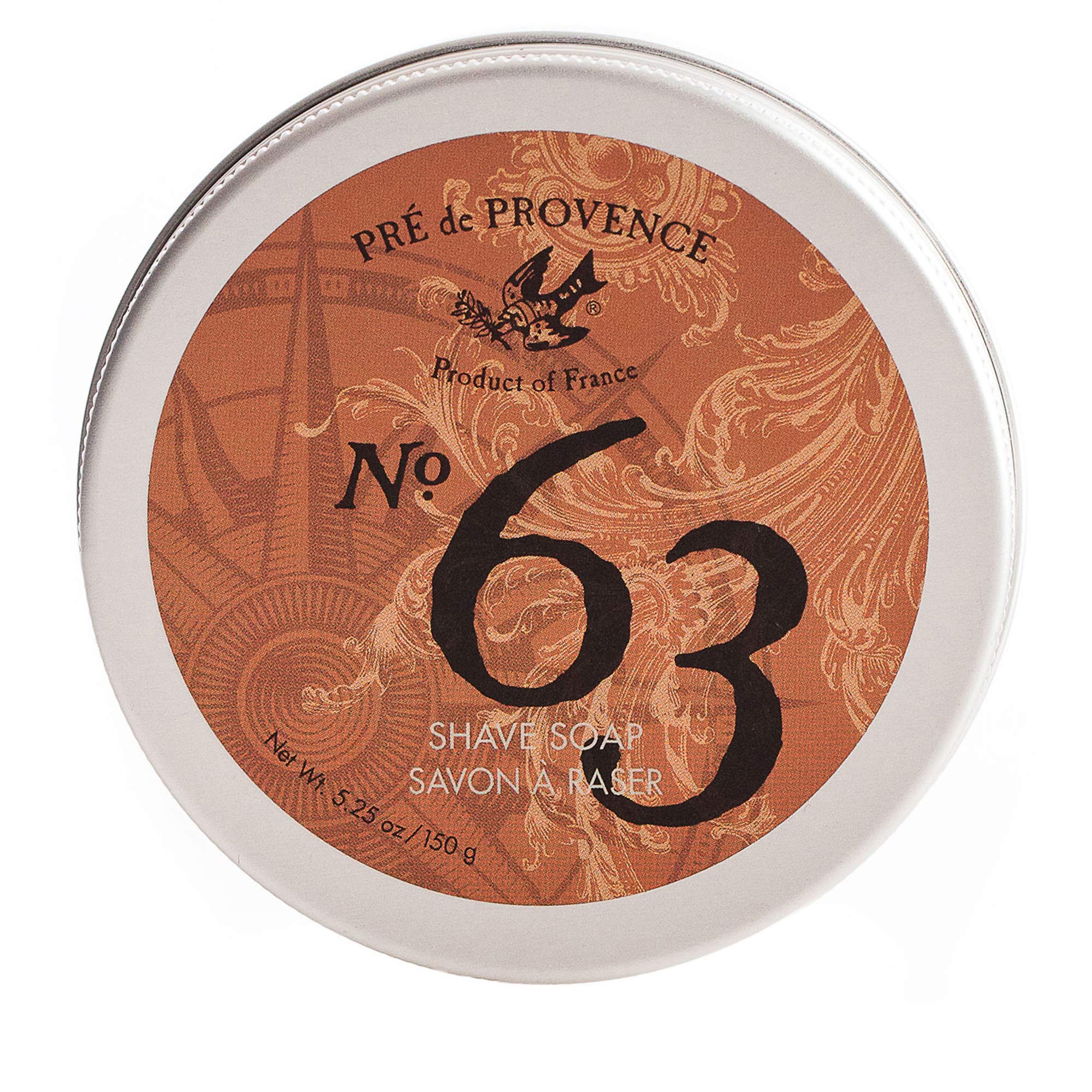 Pre de Provence No.63 men's shave soap with tin, featuring a classic design and creamy lathering texture for a smooth shave.