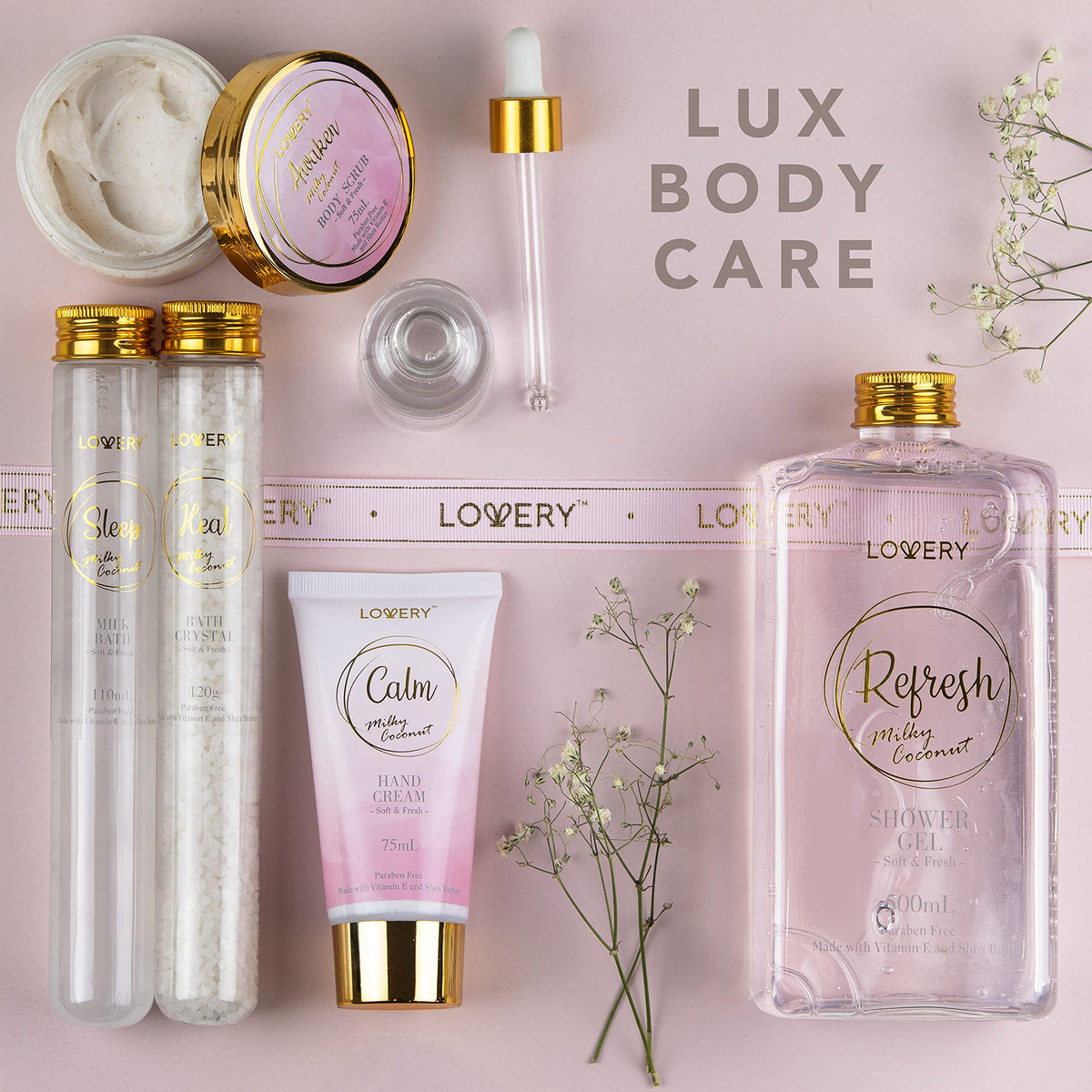 LOVERY Luxury Bath Gift Set - Home Spa Gift Basket with Milky Coconut Scent, Vitamin E & Shea Butter with Shower Gel, Ba