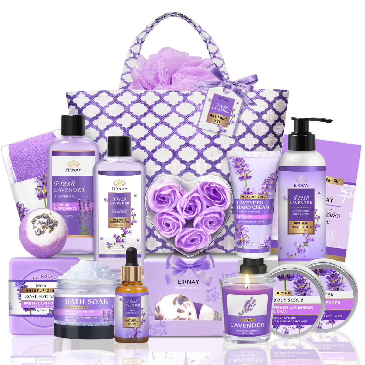EIRNAY Gift for Women, Spa Gift Baskets for Women - 17pcs Lavender Sets with Body Lotion, Bubble Bath, Relaxing Bath Set