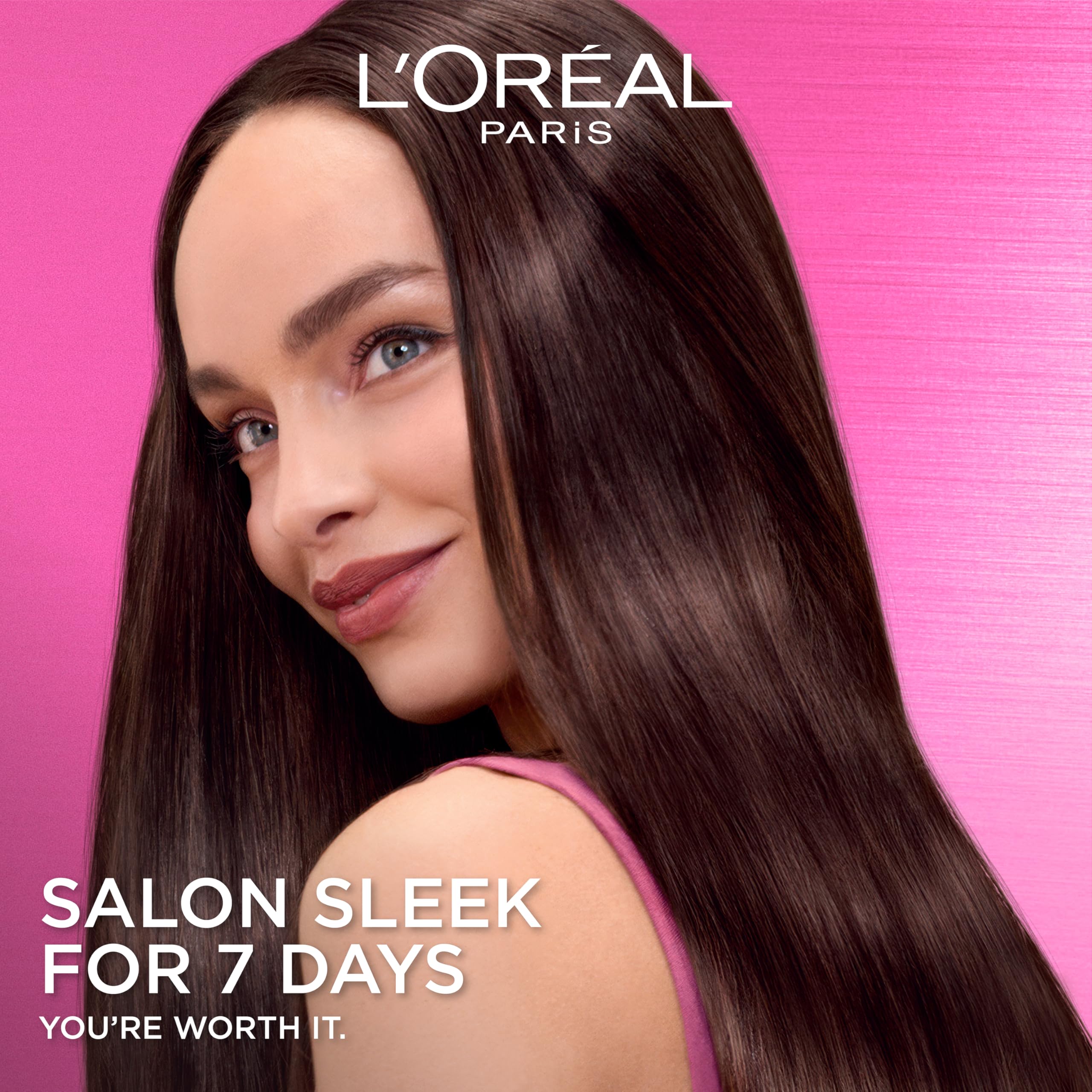L'Oreal Paris Sulfate-Free Iron Sleek smoothing shampoo and conditioner set for frizz control and humidity resistance, for color-treated hair.