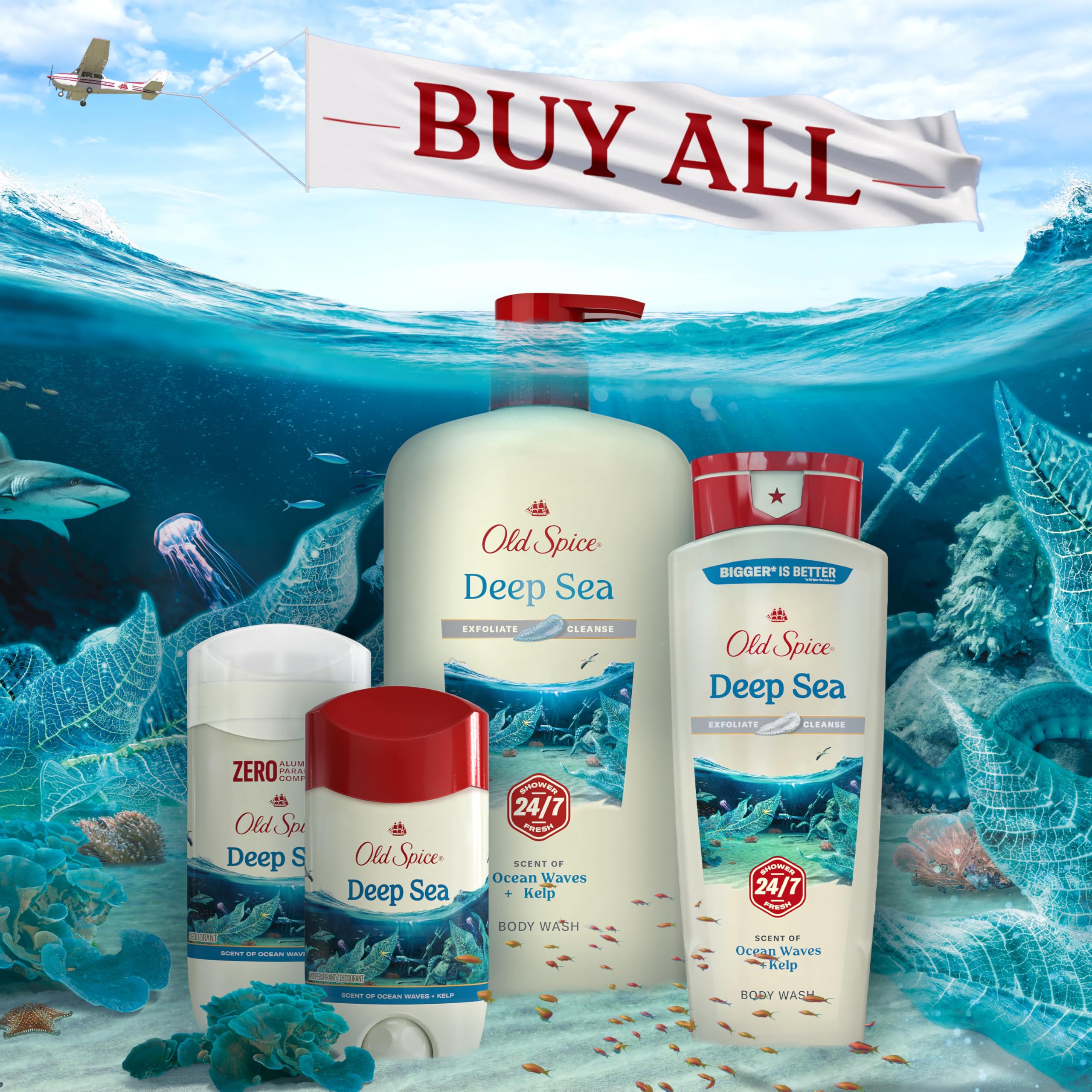 Old Spice 24/7 Shower Fresh body wash for men in 18 oz bottles, featuring ocean waves and kelp scent, with exfoliating and cleansing properties