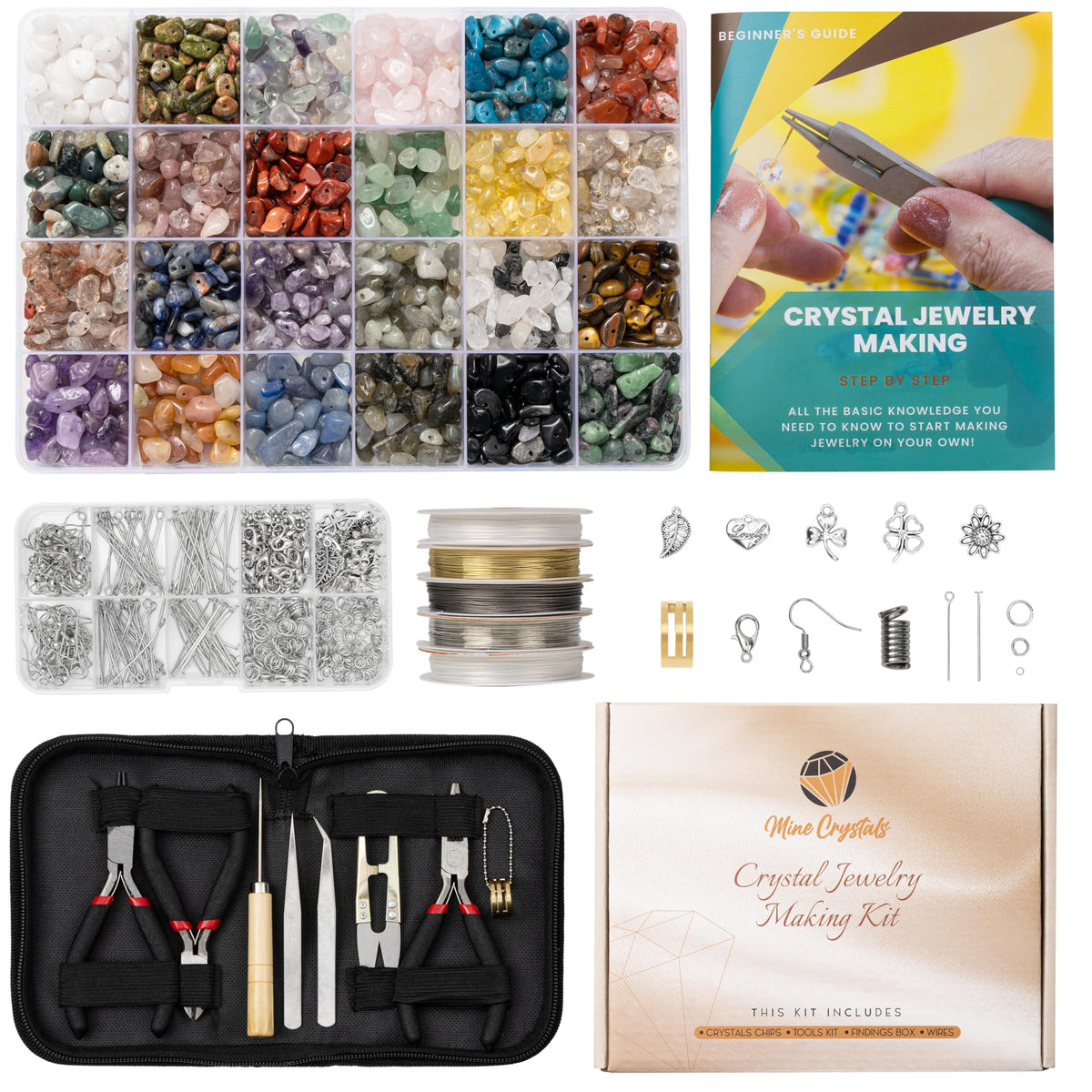 MineCrystals Jewelry Making Kit DIY Natural Crystal Chip Stones Beads Tools kit Jewelry Wires Findings Supplies Instruct