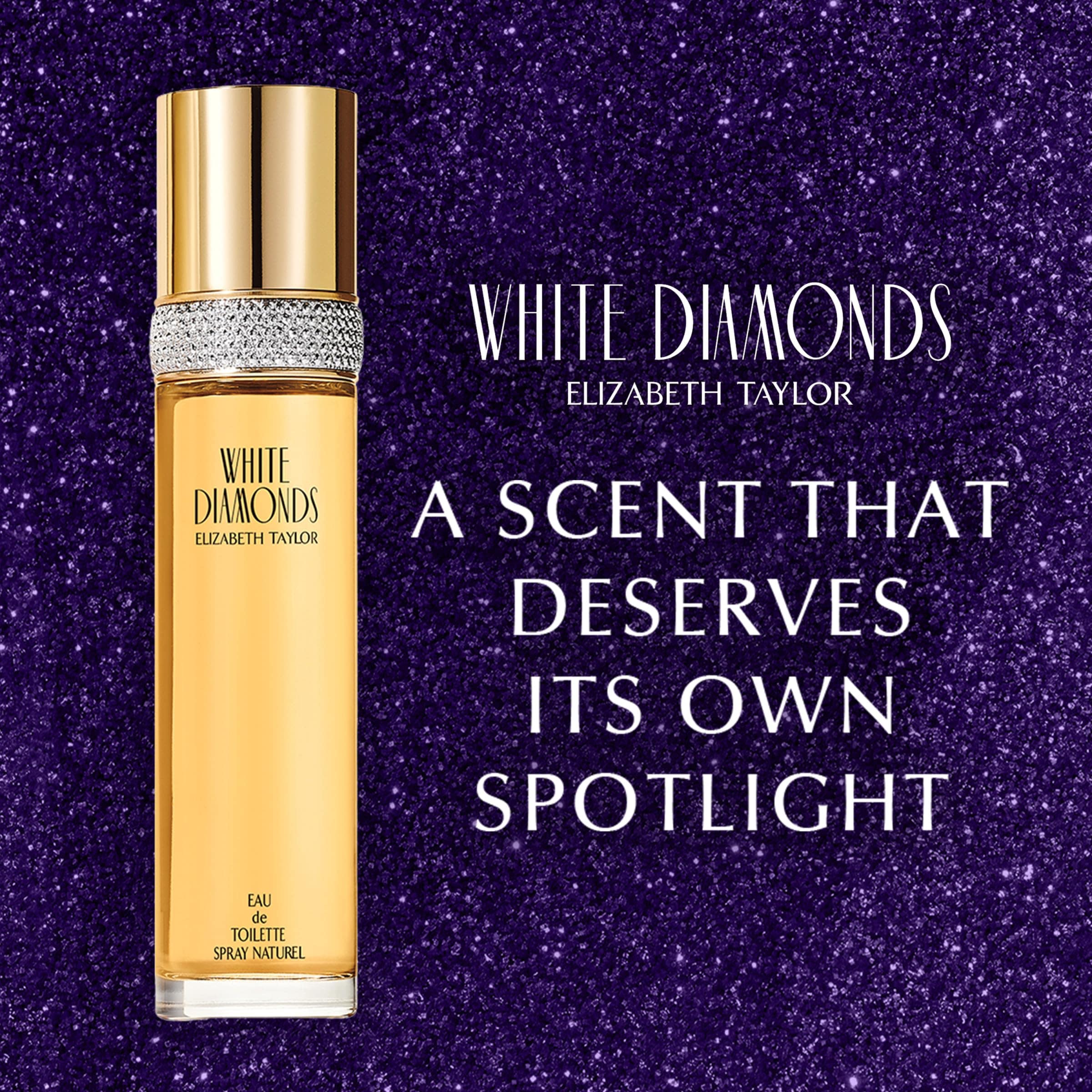 Elizabeth Taylor White Diamonds EDT for women, 3.3 fl oz, featuring a clear glass bottle with a silver cap and elegant floral design