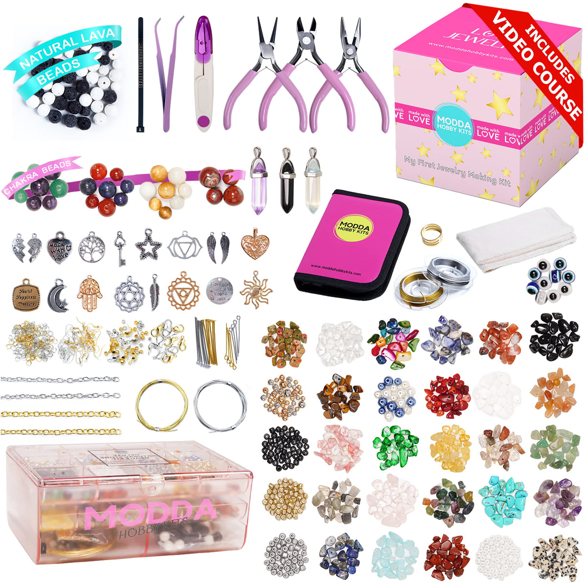 MODDA Natural Stone Jewelry Making Kit for Adults, Women. Includes Video Course, Crystal, Lava, Chakra Beads, Necklace, 