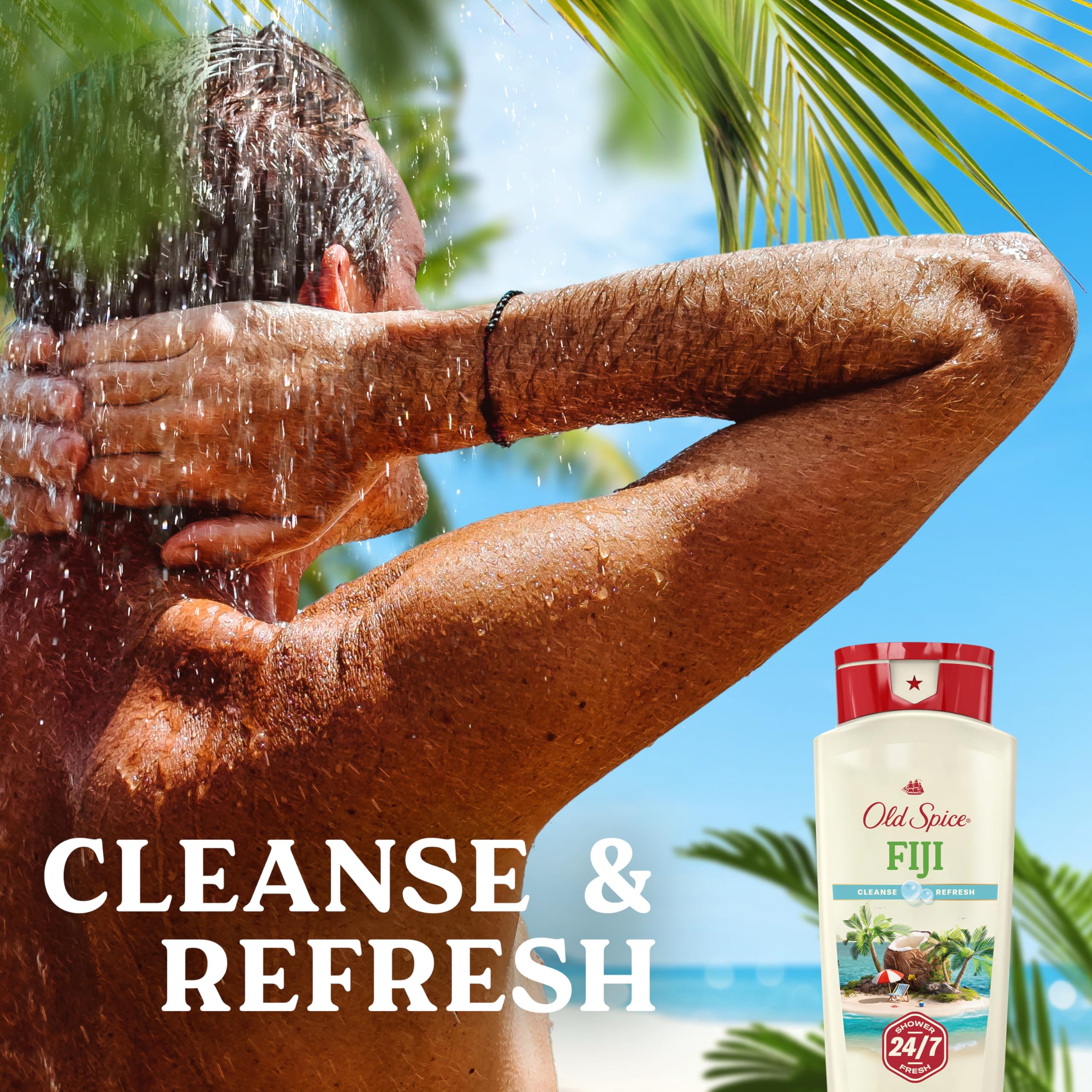 Old Spice 24/7 Shower Fresh body wash for men in 18 oz bottles, with Fiji coconut scent and vitamin B3, pack of 4