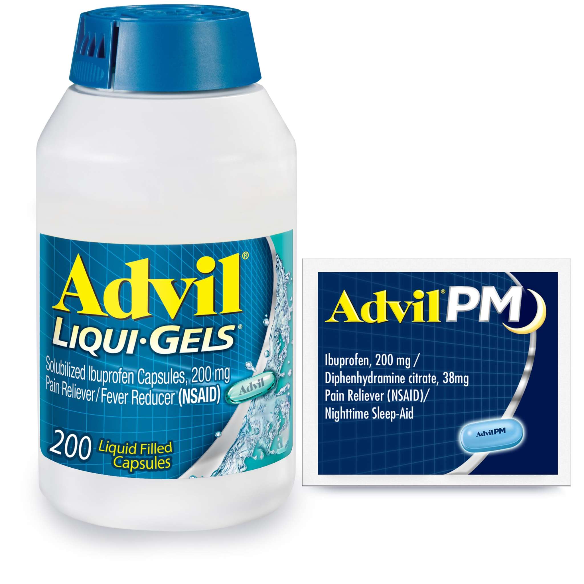 Advil Liqui-Gels 200mg Ibuprofen medication bottle with 200 capsules and Advil PM for pain relief and sleep aid.