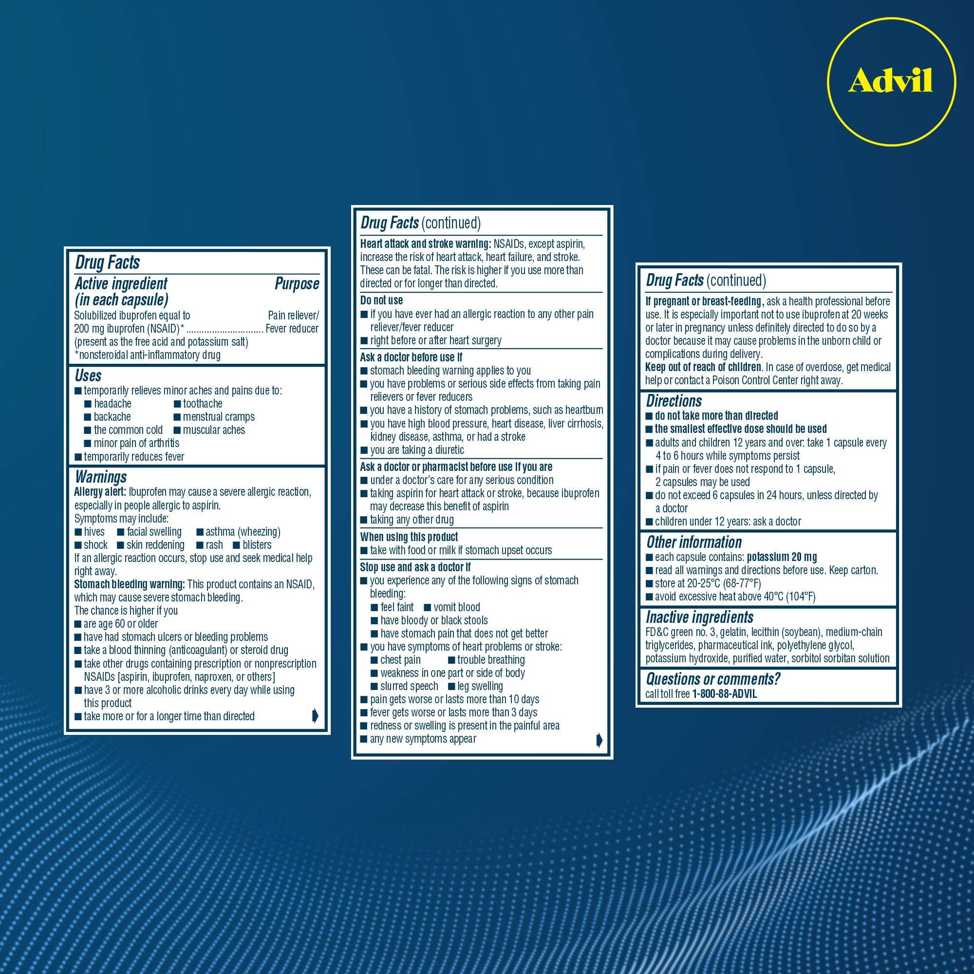 Advil Liqui-Gels 200mg Ibuprofen medication bottles with 200 capsules and Advil PM for pain relief and sleep aid.