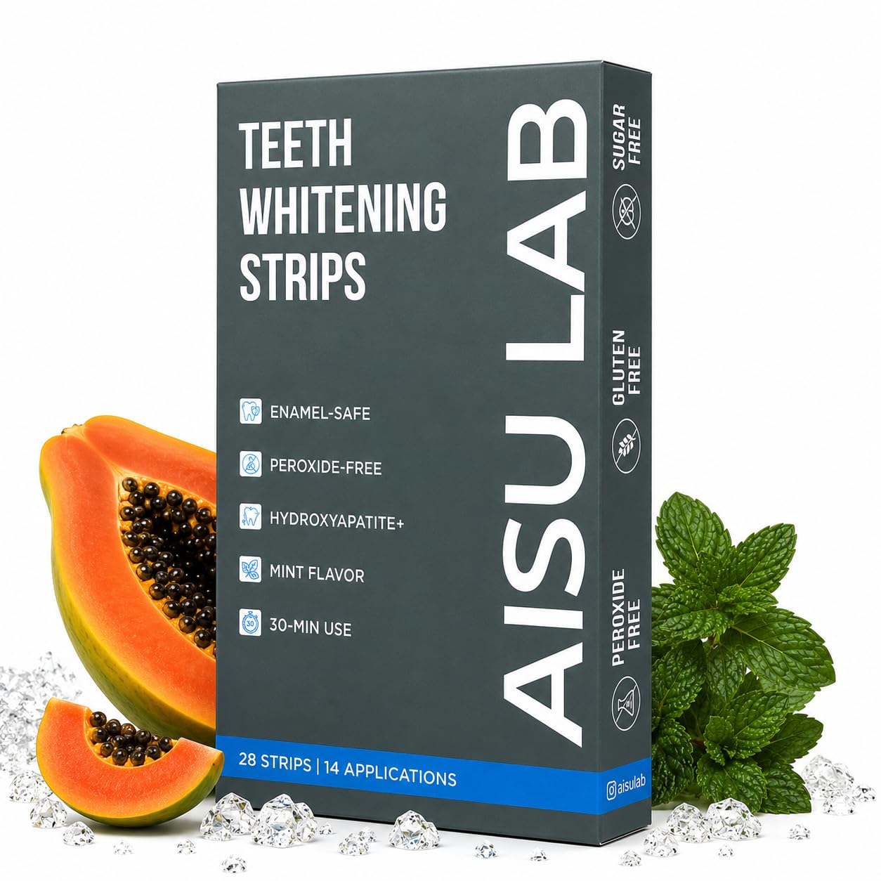 AISU LAB Whitening Strips for Sensitive Teeth, 14 treatments, showing the white strips on a dental tray for tooth whitening.