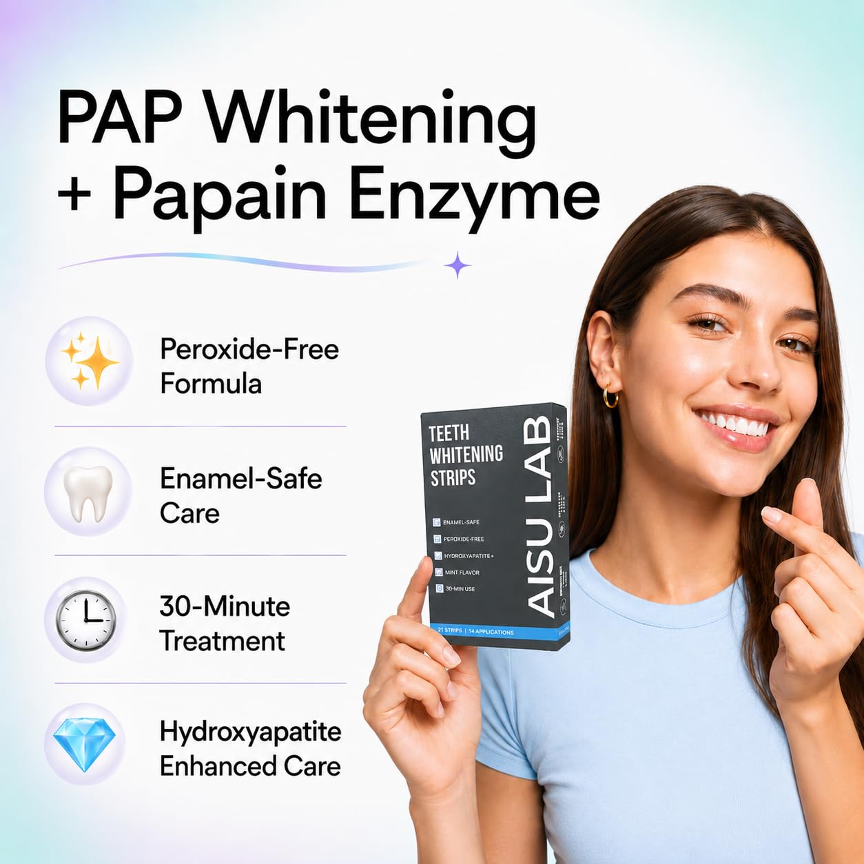 AISU LAB Whitening Strips for sensitive teeth, 14 treatments, showing the package with whitening strips ready for use.