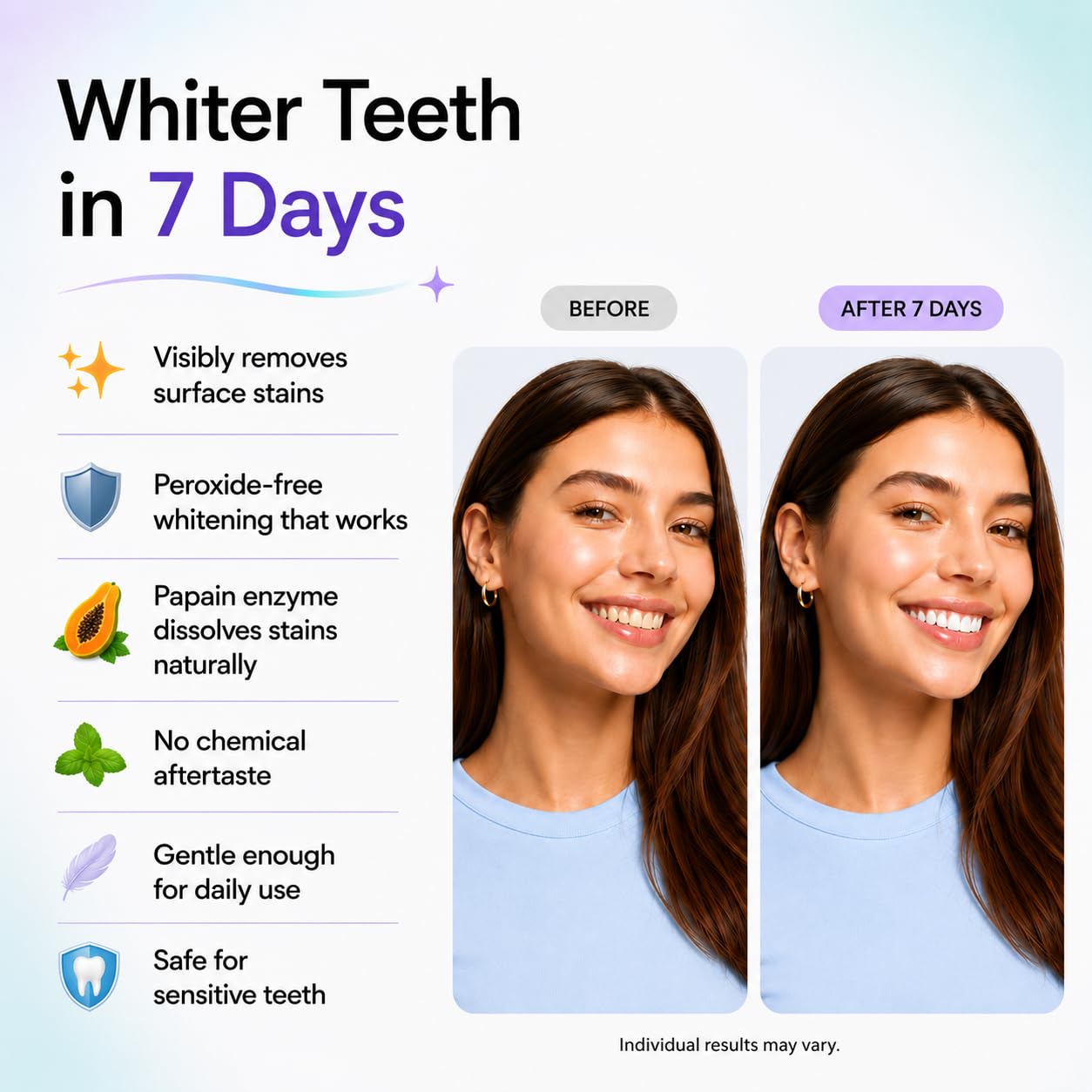 AISU LAB Whitening Strips for Sensitive Teeth, 14 treatments, showing the packaging and whitening strips for at-home teeth whitening.