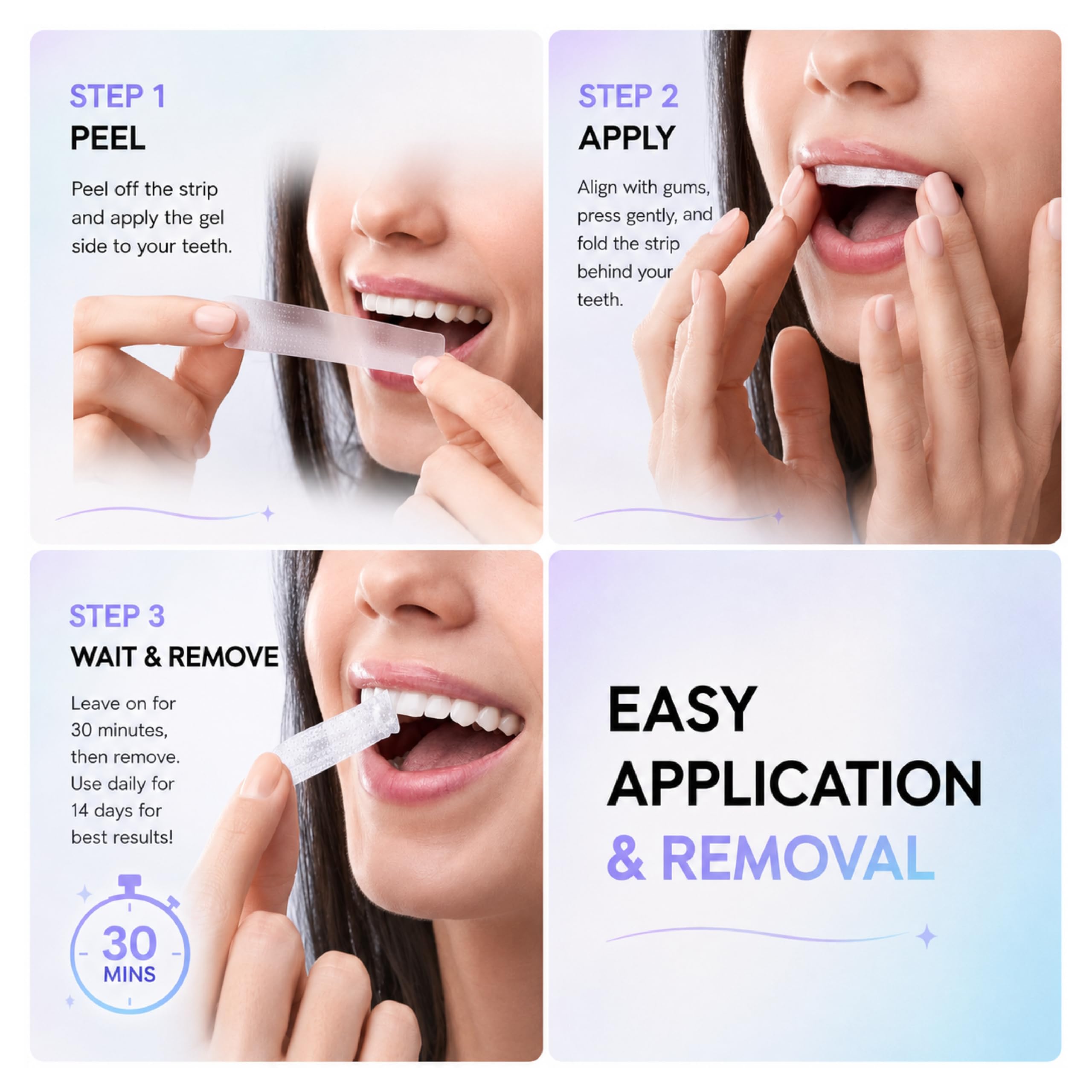 AISU LAB Whitening Strips for Sensitive Teeth, 14 treatments, showing the box and strips on a white background.