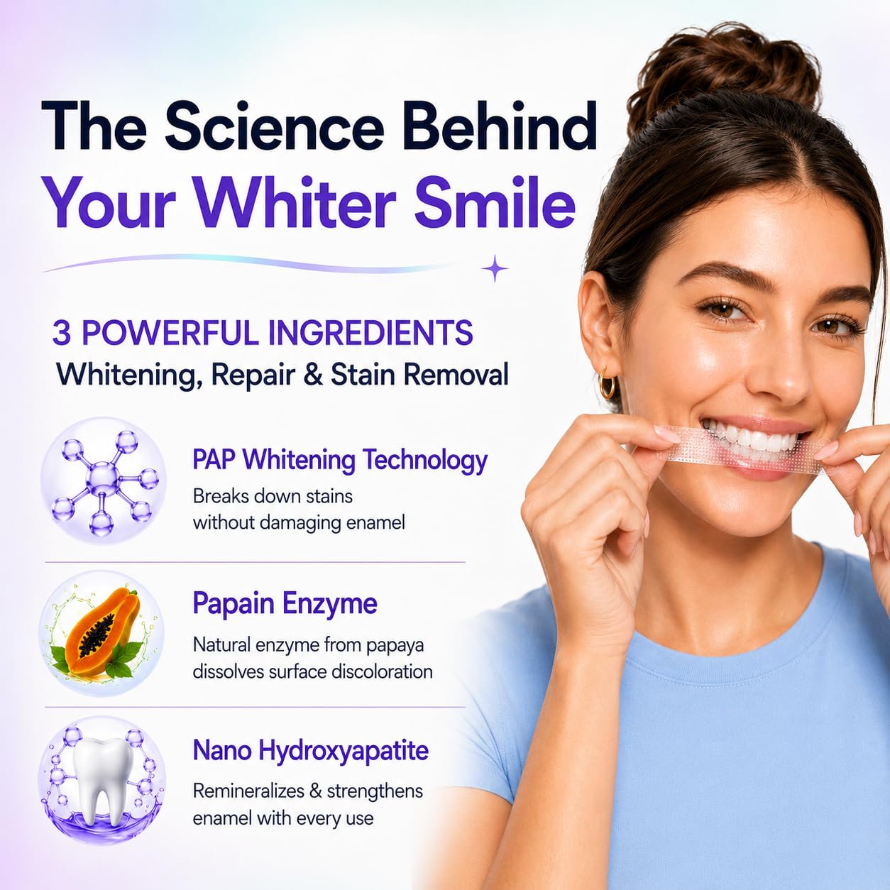 AISU LAB Whitening Strips for sensitive teeth, 14 treatments, showing the package with strips and application tray.