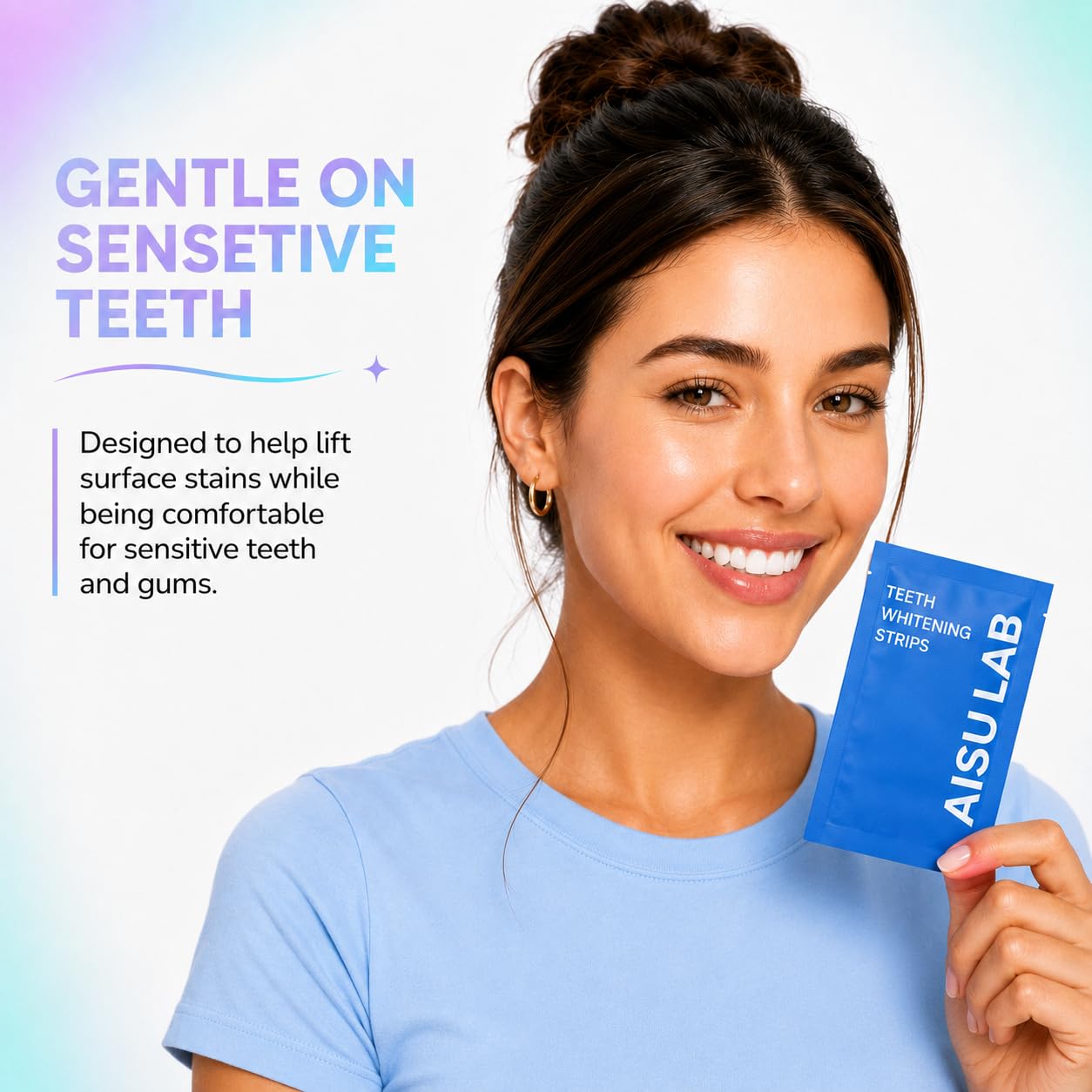 AISU LAB Whitening Strips for sensitive teeth, 14 treatments, showing the packaging and application strips on a white background.