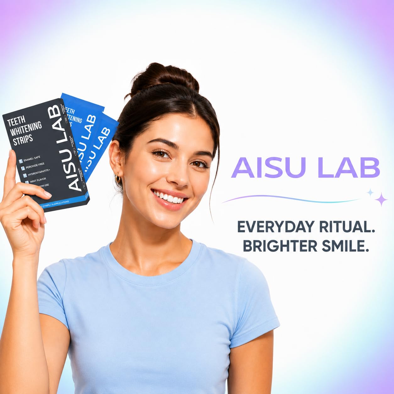 AISU LAB whitening strips for sensitive teeth, 14 treatments, showing the strips and packaging for at-home tooth whitening.