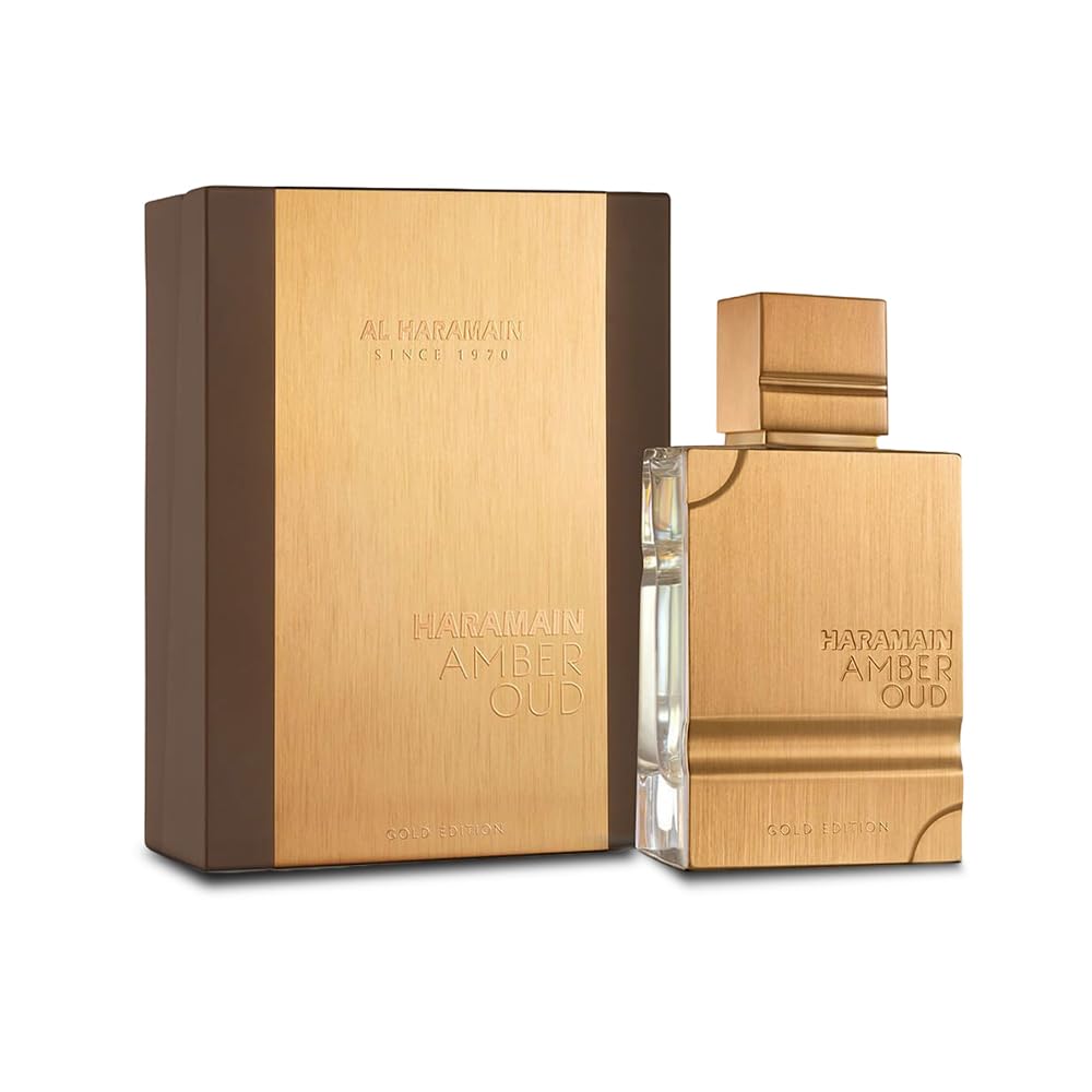 Al Haramain Amber Oud Gold Edition unisex EDP perfume bottle, 2 oz, featuring luxurious amber and oud notes in elegant packaging.