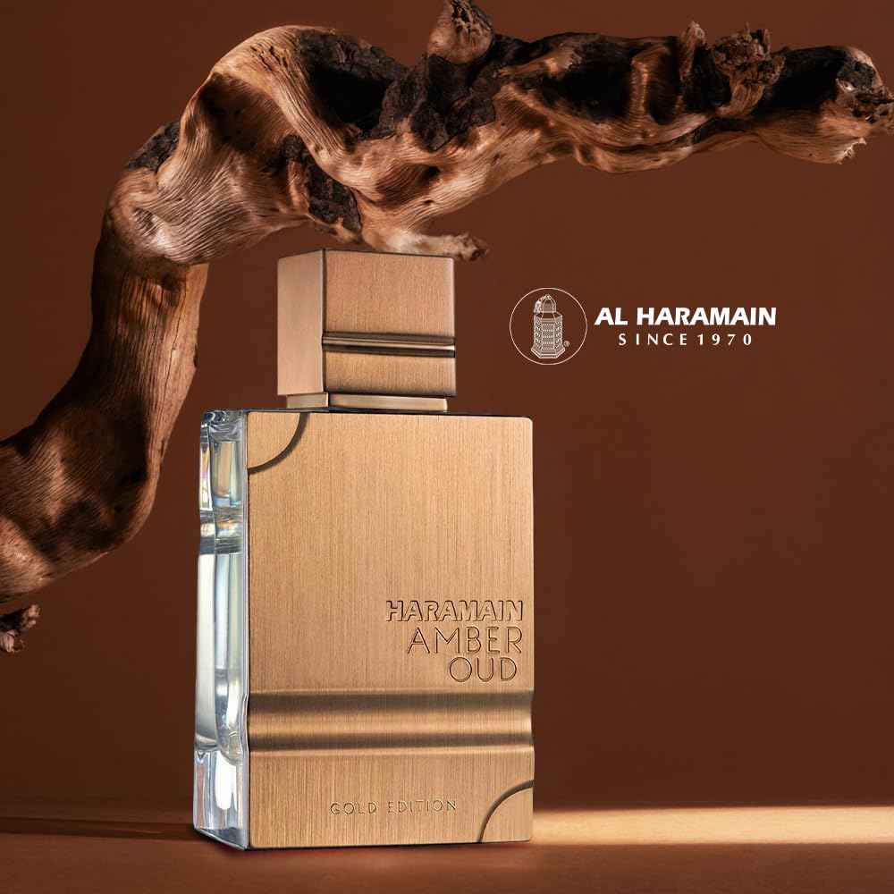 Al Haramain Amber Oud Gold Edition unisex EDP fragrance bottle, 2 oz, with luxurious amber and oud scent in elegant packaging.