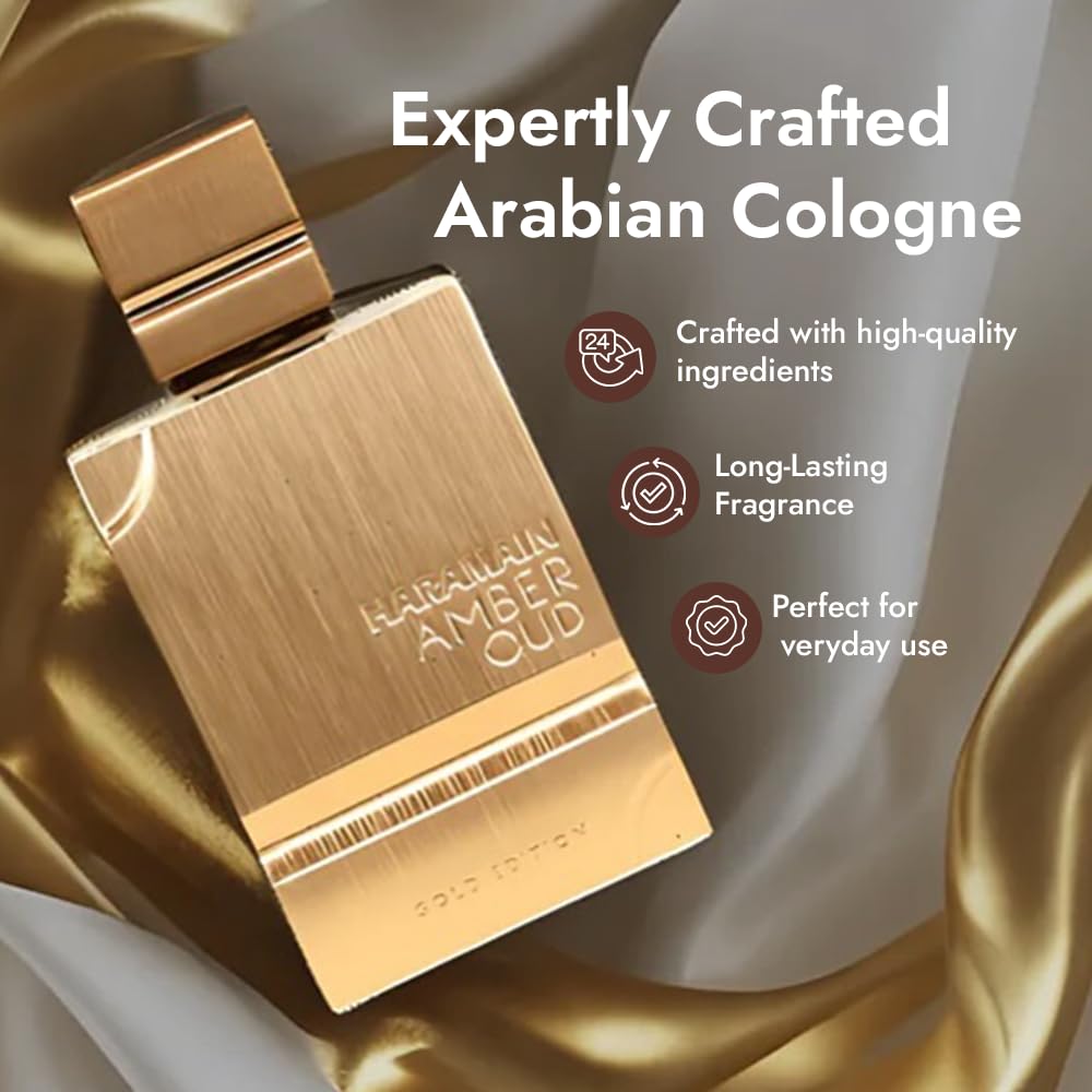 Al Haramain Amber Oud Gold Edition unisex EDP perfume bottle, 2 oz, with luxurious gold packaging and elegant fragrance design.