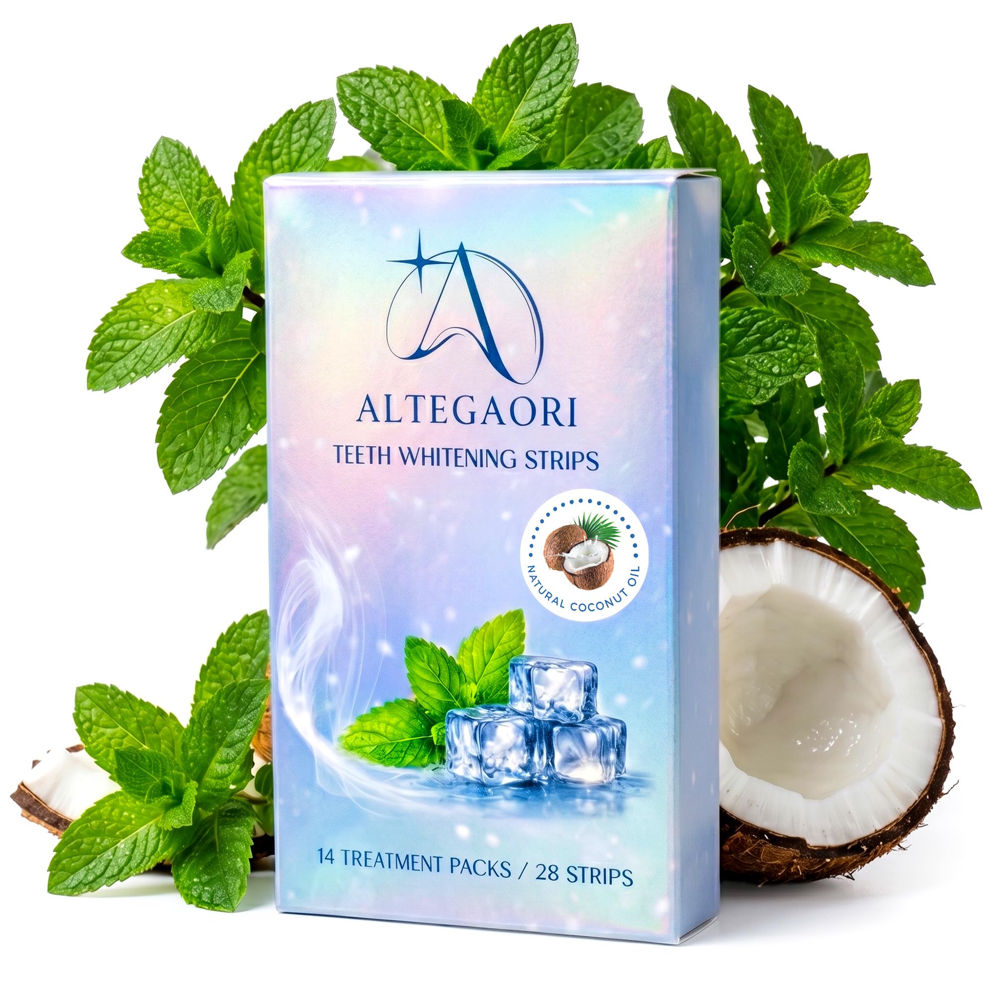 ALTEGAORI Teeth Whitening Strips for 14 treatments, showing the white strips package and application tray on a neutral background.