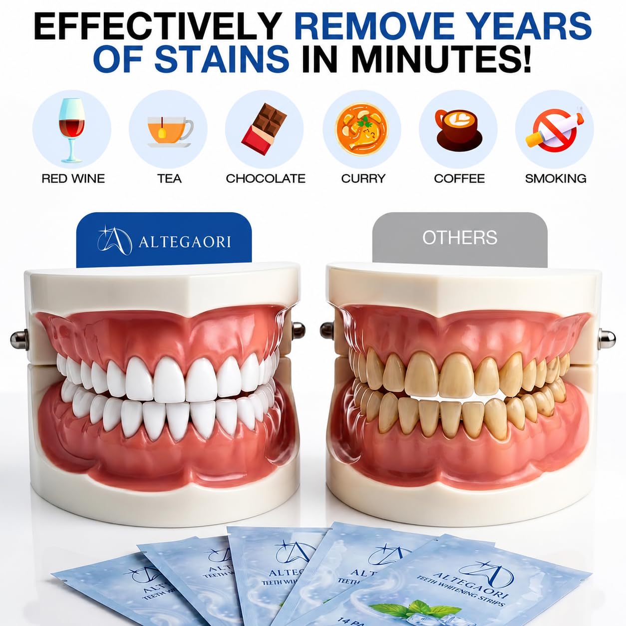 ALTEGAORI Teeth Whitening Strips for 14 treatments, showing the strips in a box on a white background.