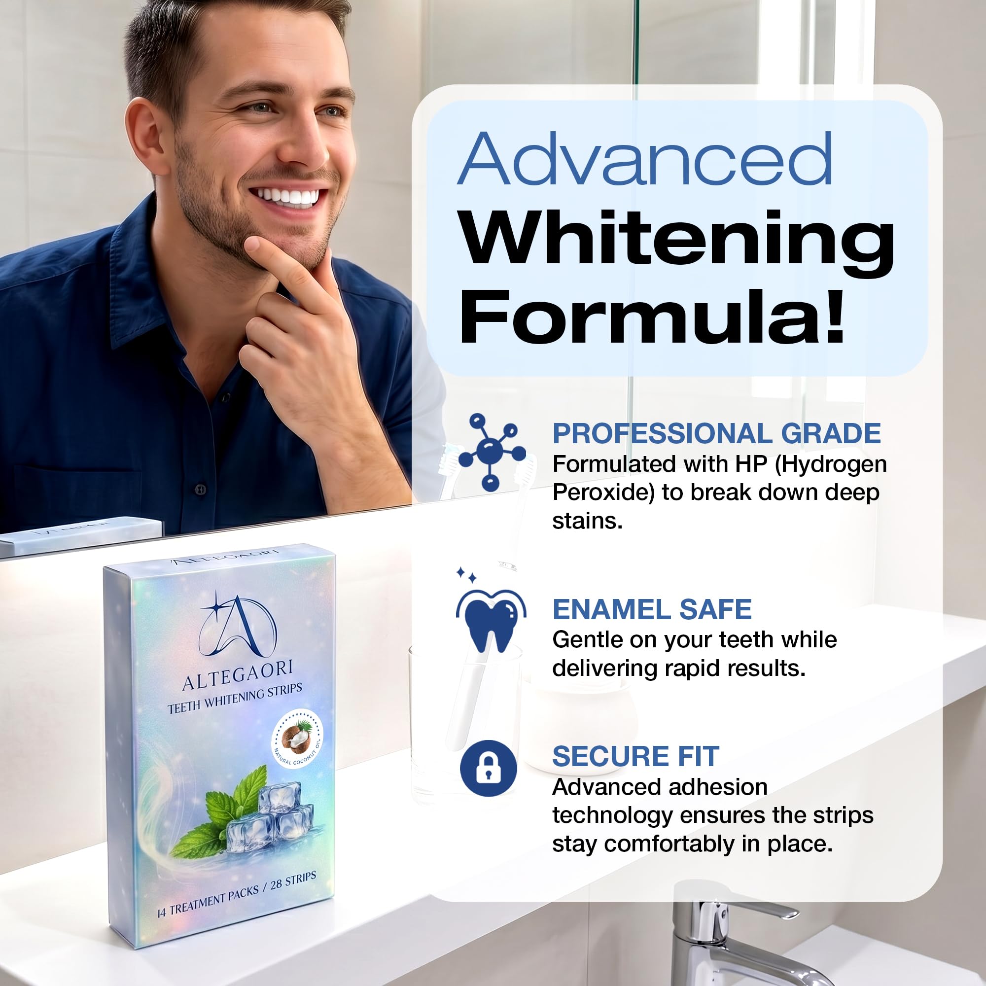 ALTEGAORI Teeth Whitening Strips, 14 treatments, showcasing the packaging and application strips for brightening teeth.