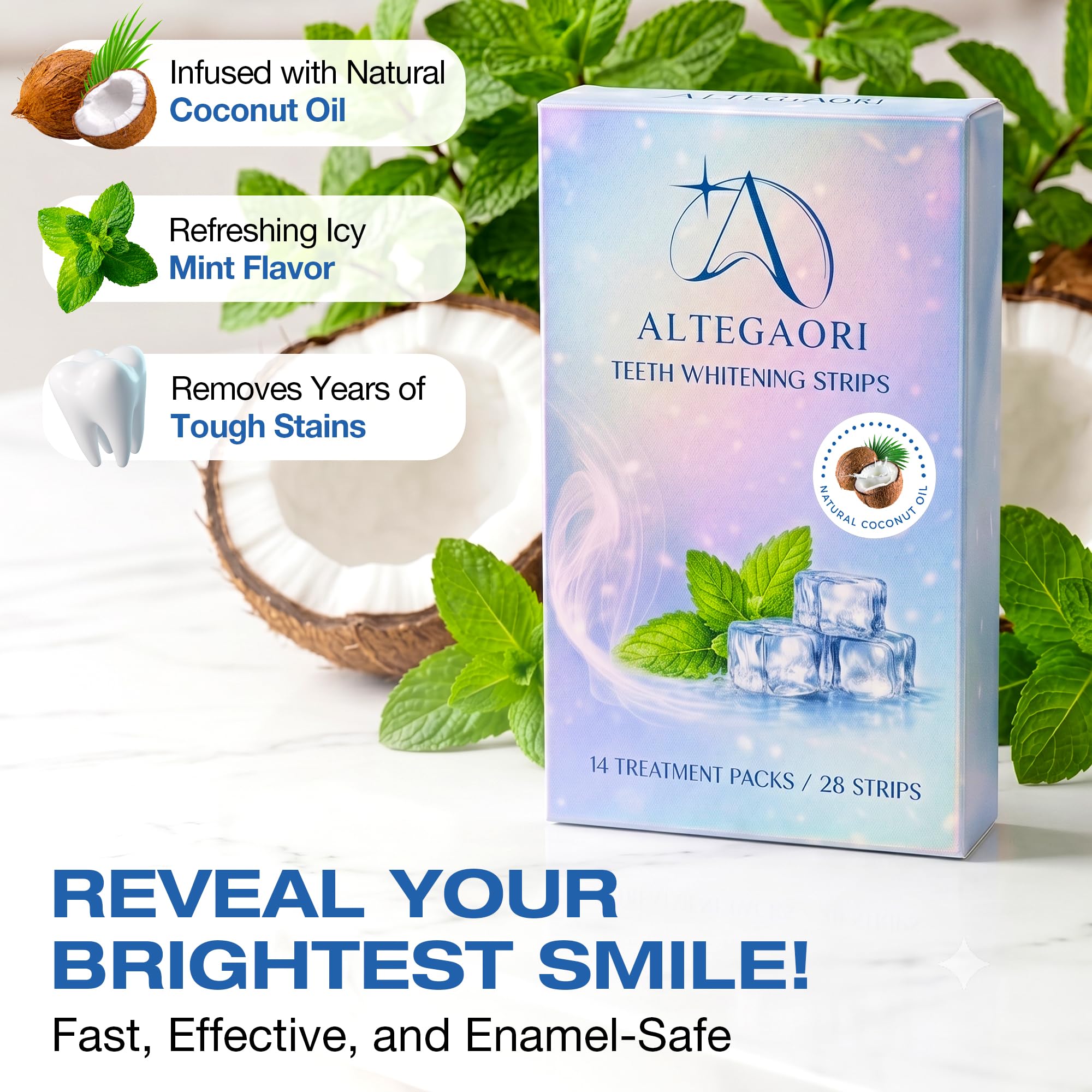 ALTEGAORI Teeth Whitening Strips for brightening teeth, showing the packaging with 14 treatments included.