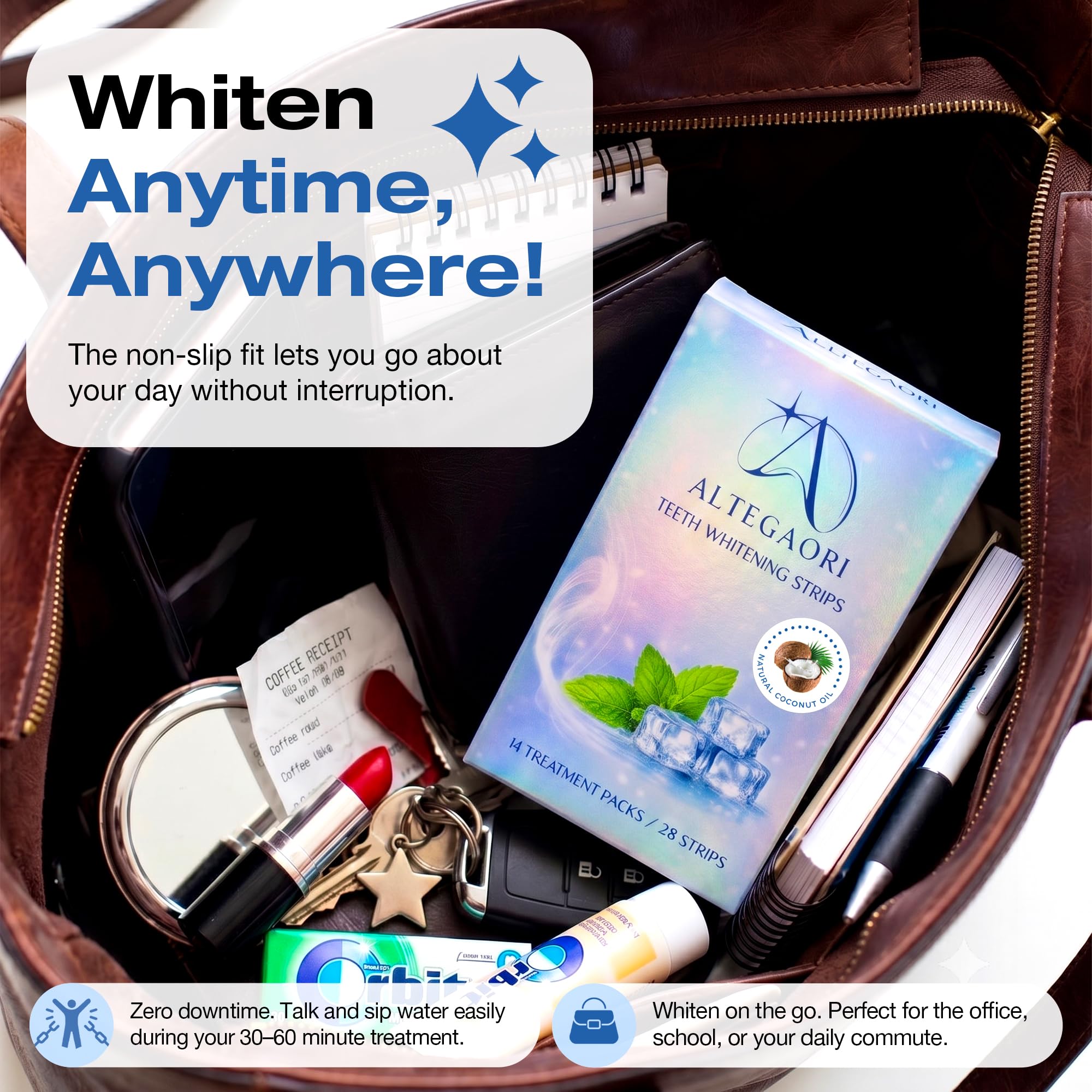ALTEGAORI Teeth Whitening Strips for 14 treatments, showing the white strips and packaging for at-home teeth whitening.