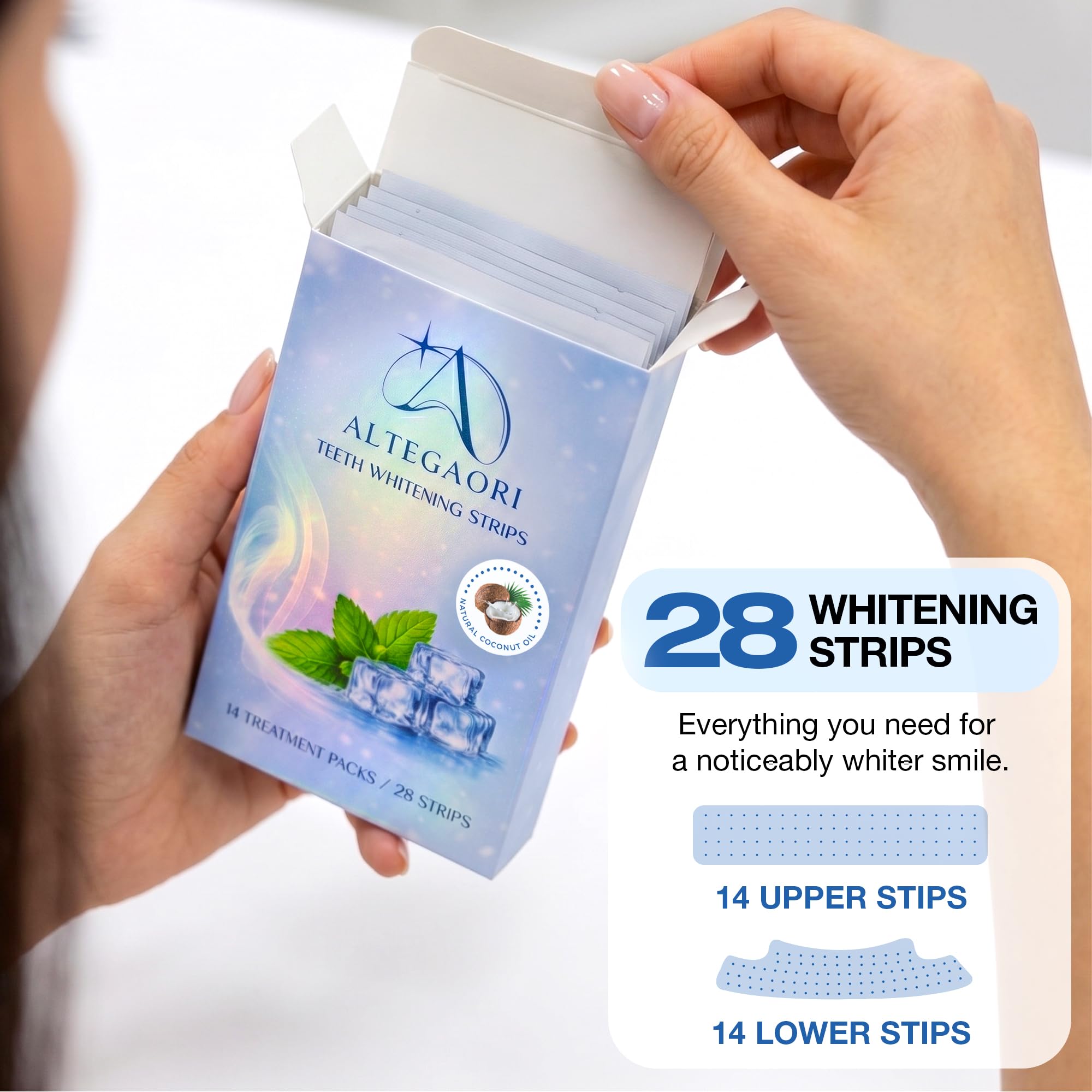 ALTEGAORI Teeth Whitening Strips for brightening teeth, showing the packaging with 14 treatment strips in a resealable pouch.