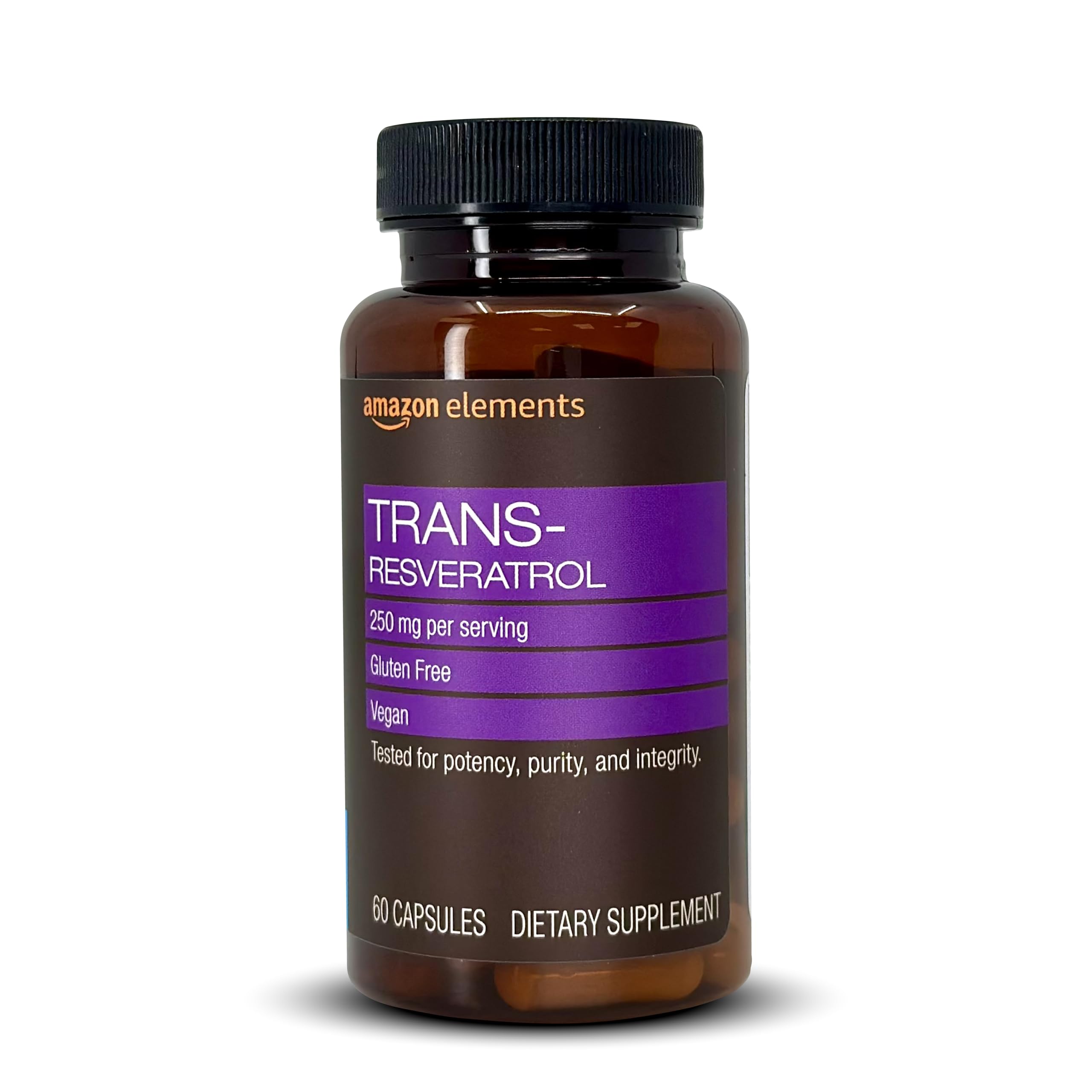 Amazon Elements Trans-Resveratrol 250mg nutritional supplement capsules in a bottle, designed for health and wellness support.