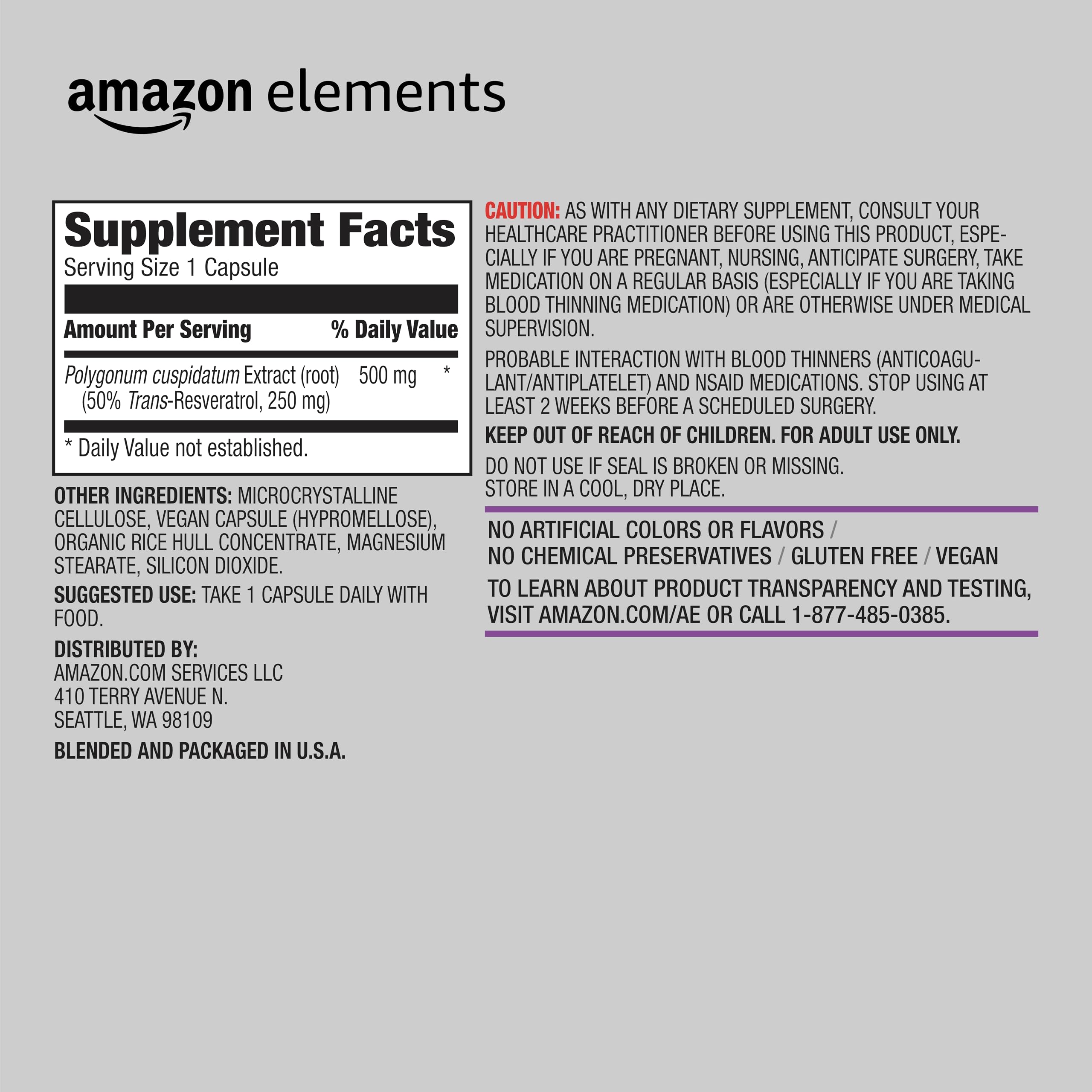 Amazon Elements Trans-Resveratrol 250mg nutritional supplement capsules, showing 60 softgel capsules in the bottle.