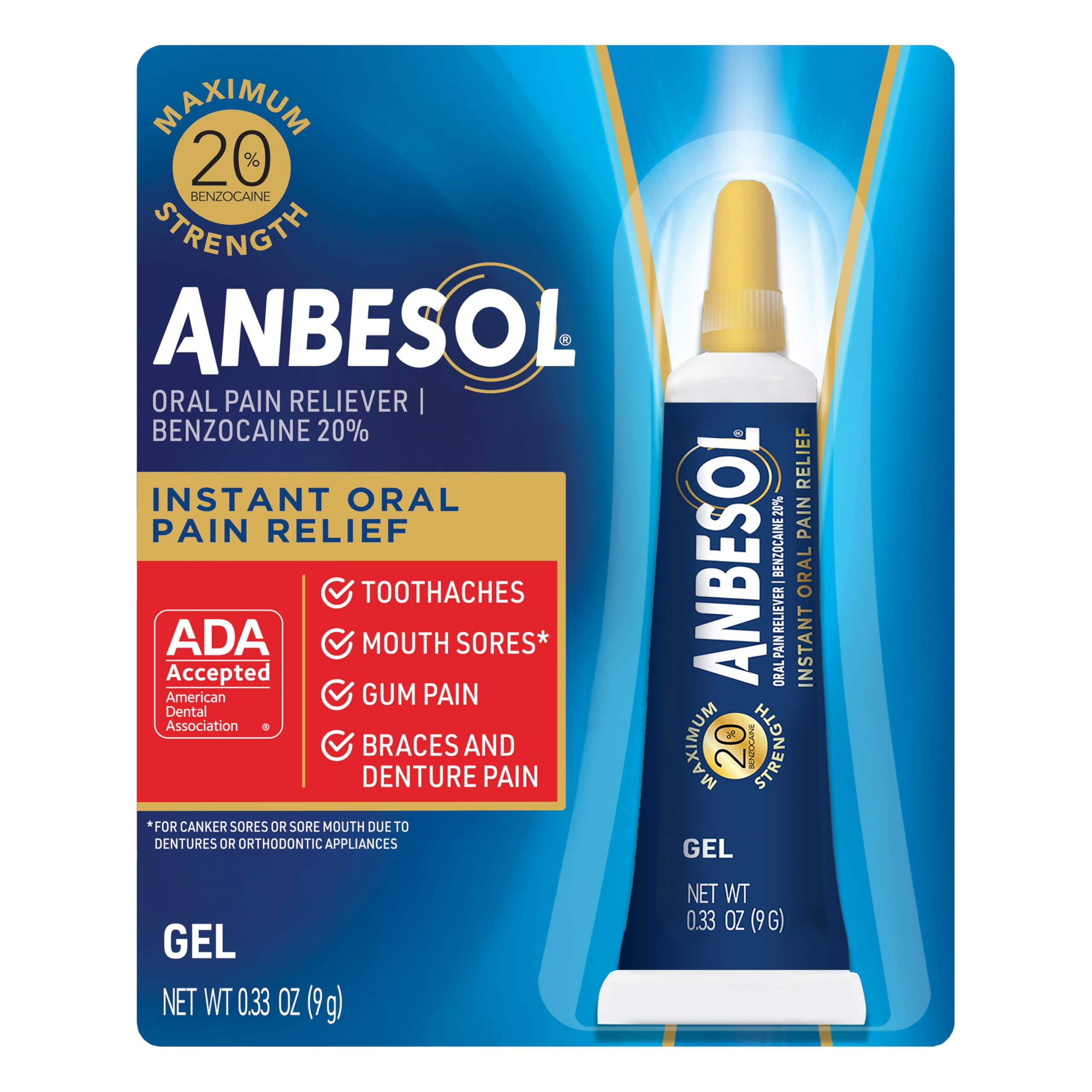 Anbesol Max Strength Oral Pain Relief Gel in 0.33 oz tube, medication for soothing mouth and gum pain.