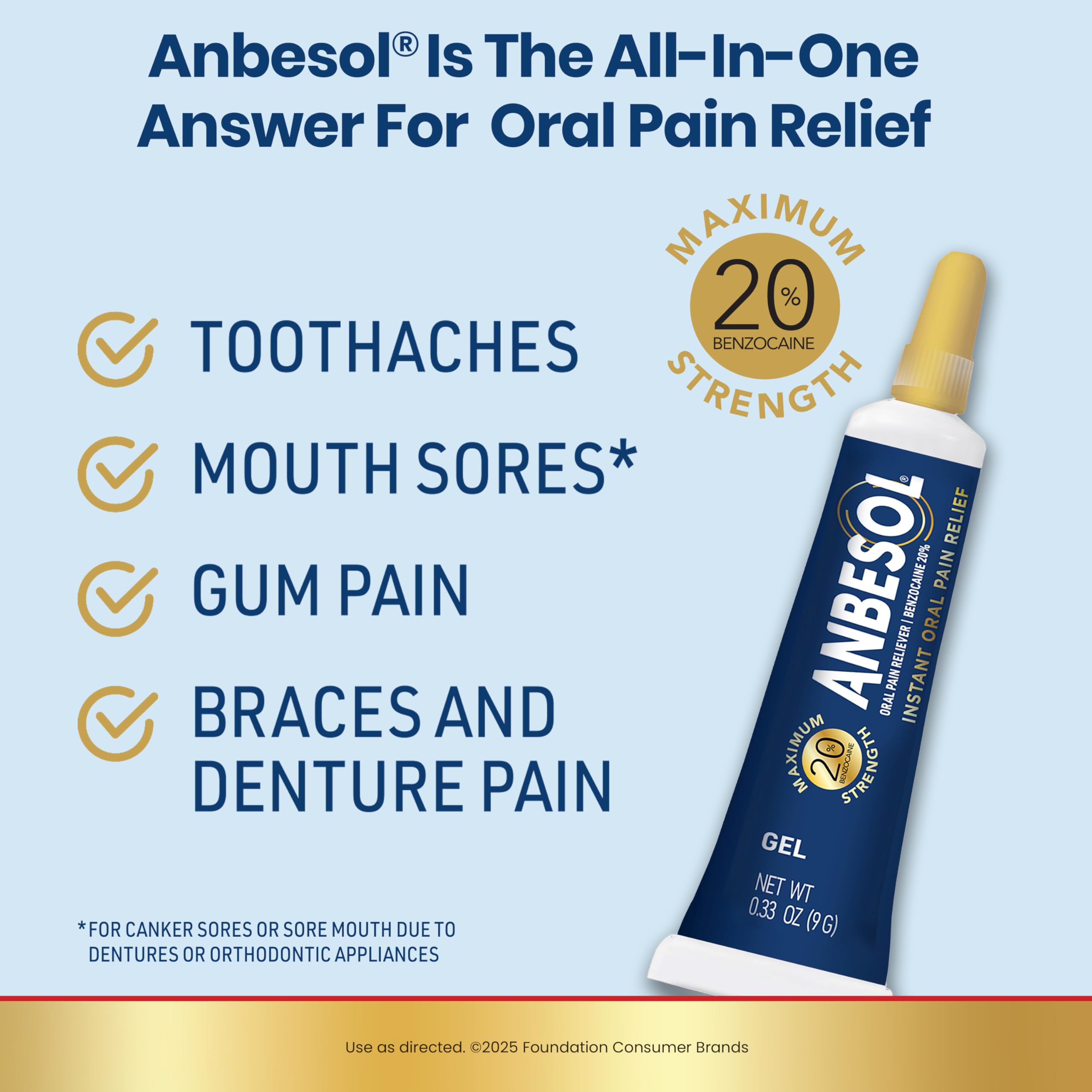 Anbesol Max Strength Oral Pain Relief Gel in 0.33 oz tube, medicated gel for mouth pain relief, shown in the image.