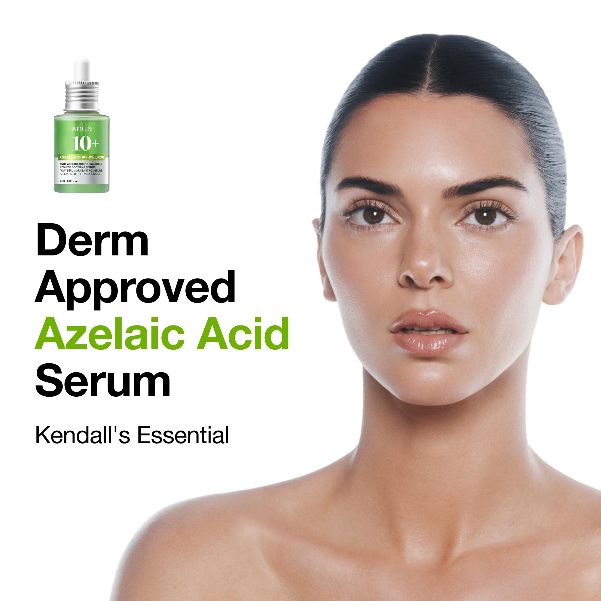 ANUA Azelaic Acid 10% redness soothing skin serum in a 1.01oz bottle, shown with the product label and applicator.