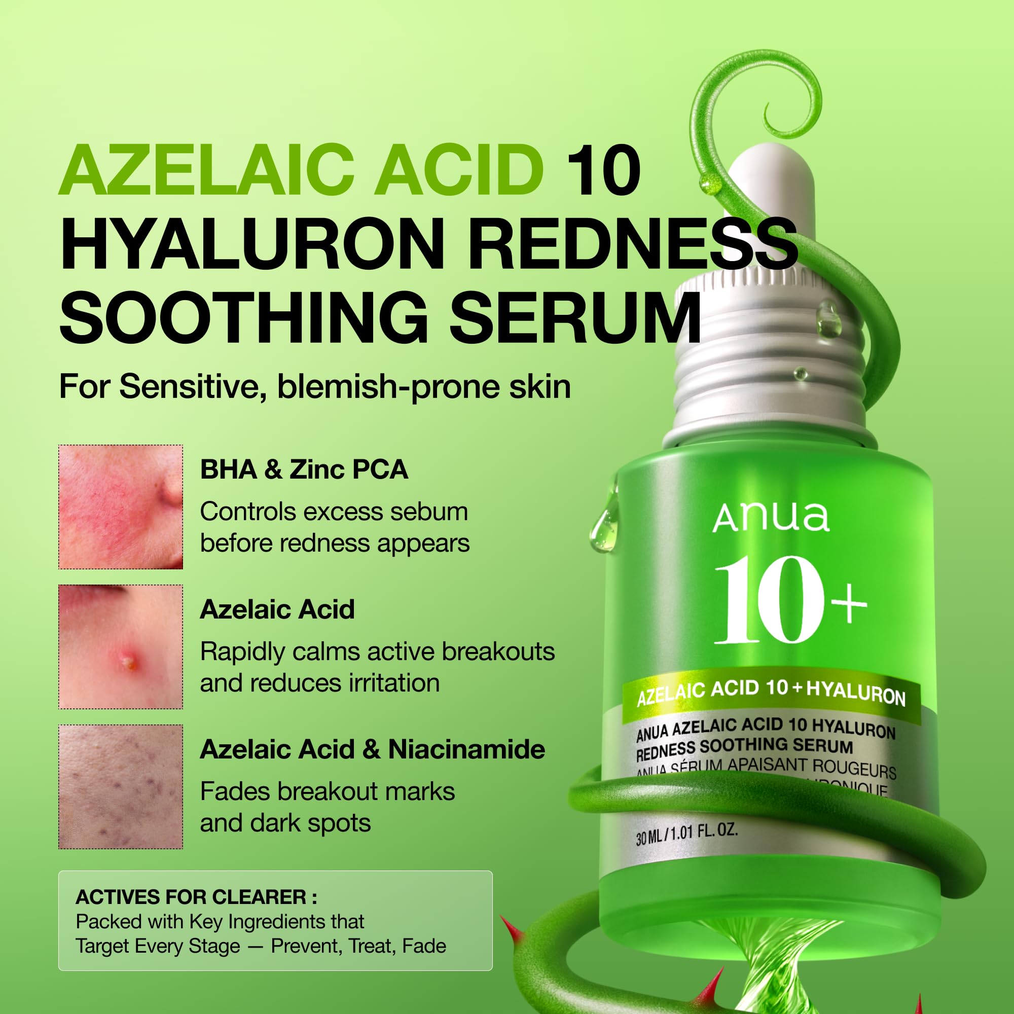 ANUA Azelaic Acid 10% Skin Serum in a 1.01oz bottle, featuring a clear liquid with a minimalist label and dropper applicator.