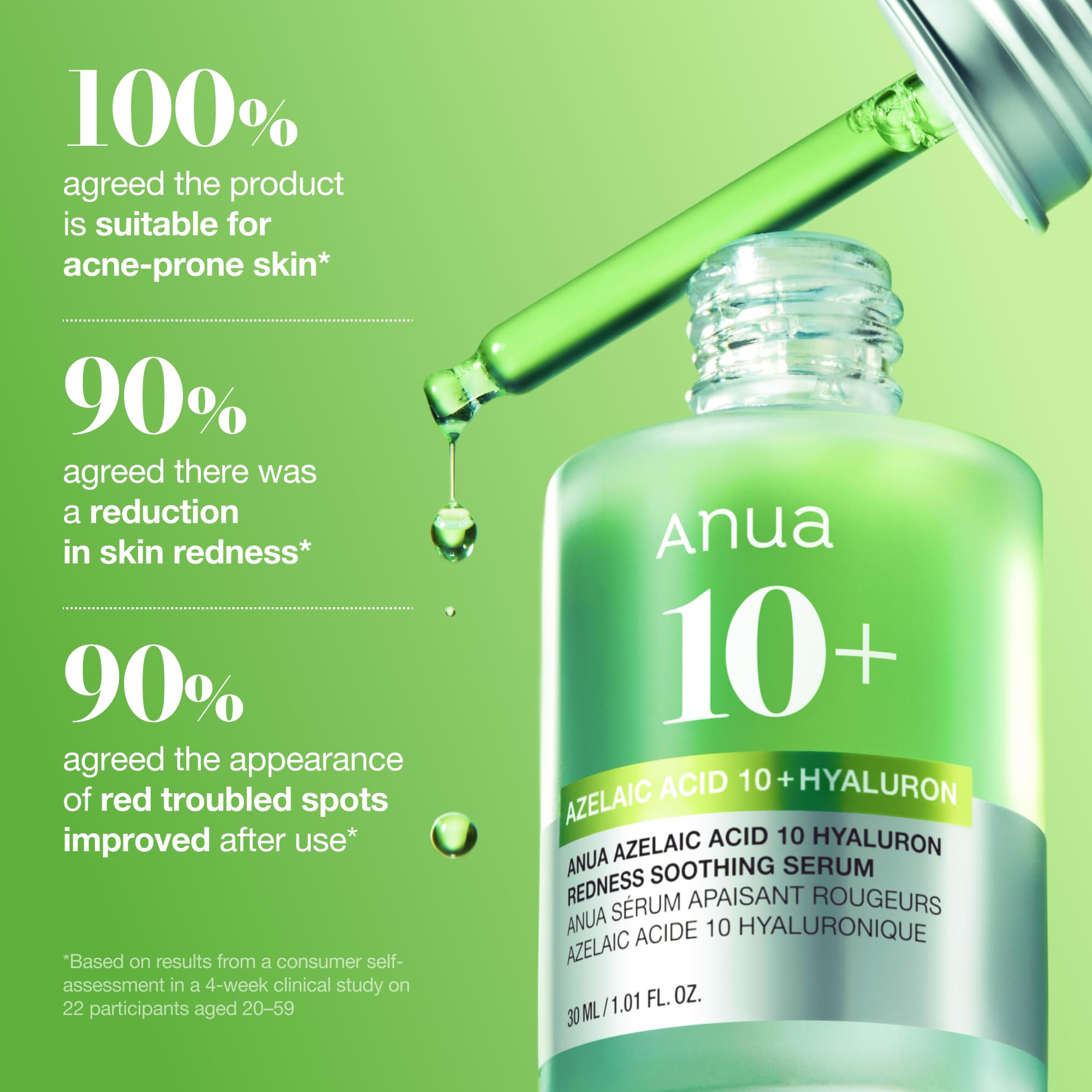 ANUA Azelaic Acid 10% Skin Serum in a 1.01oz bottle, featuring a clear dropper and white label for redness soothing skincare.