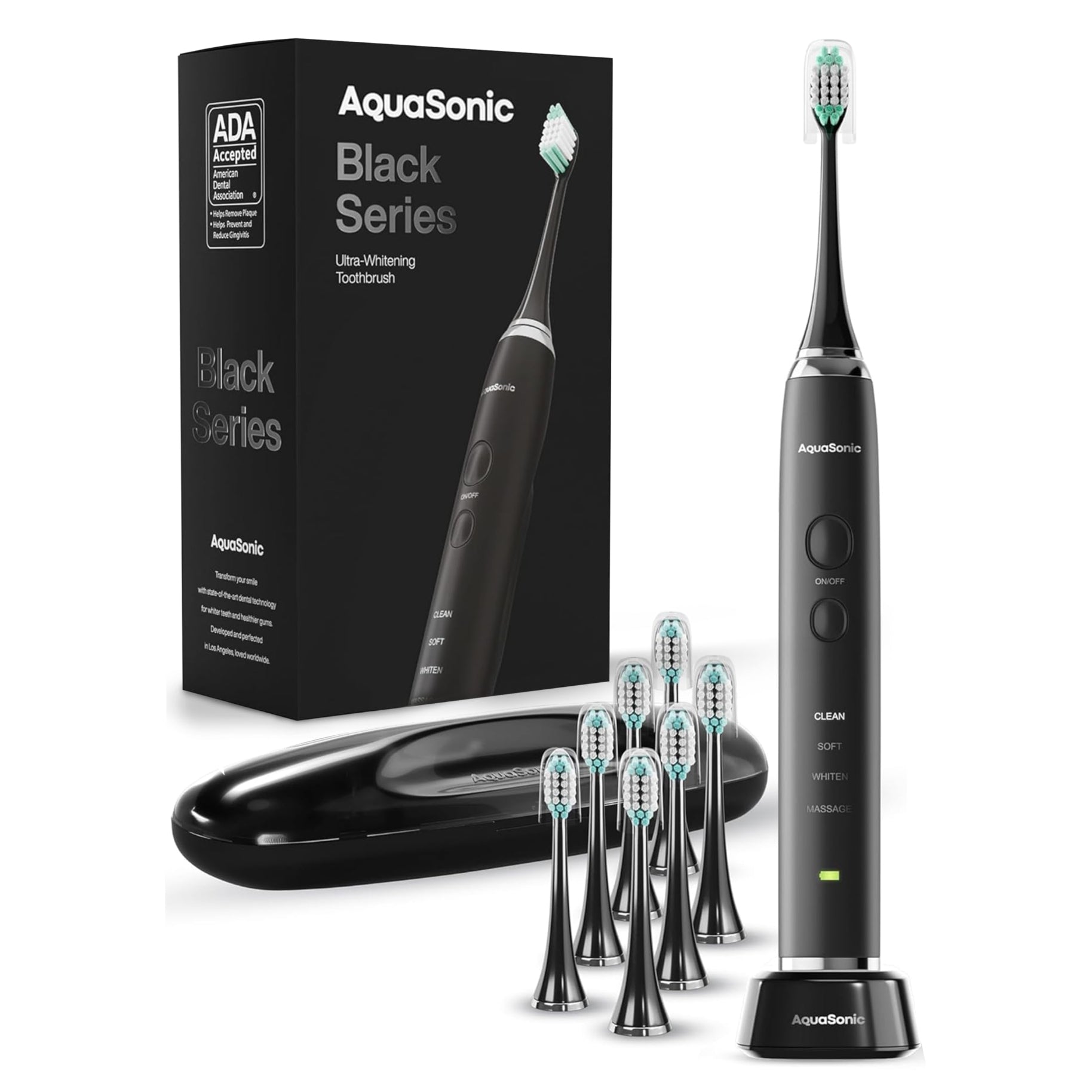 Aquasonic Black Series Ultra Whitening Electric Toothbrush with sleek black handle and brush head for deep cleaning and whitening.