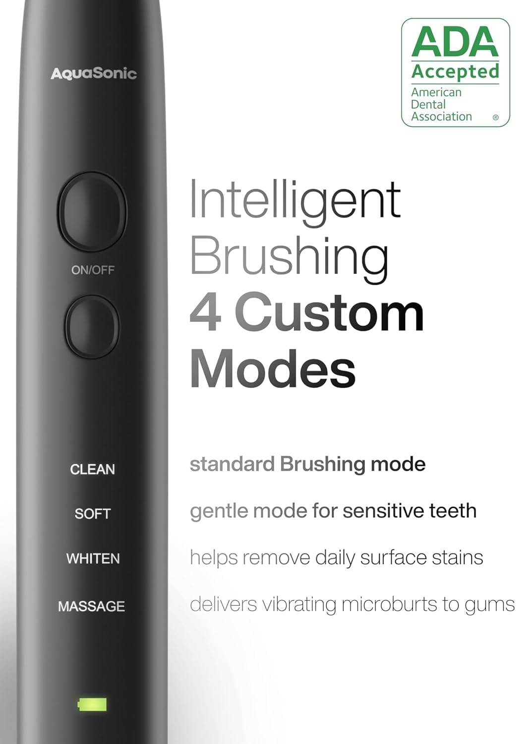 Aquasonic Black Series Ultra Whitening Electric Toothbrush showing sleek black design and bristle head for deep cleaning and whitening.