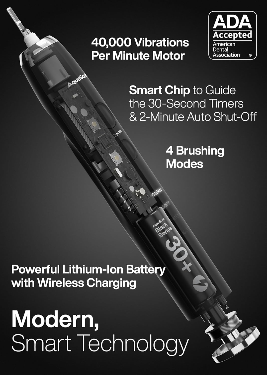 Aquasonic Black Series Ultra Whitening Electric Toothbrush with black handle and brush head, designed for deep cleaning and whitening.