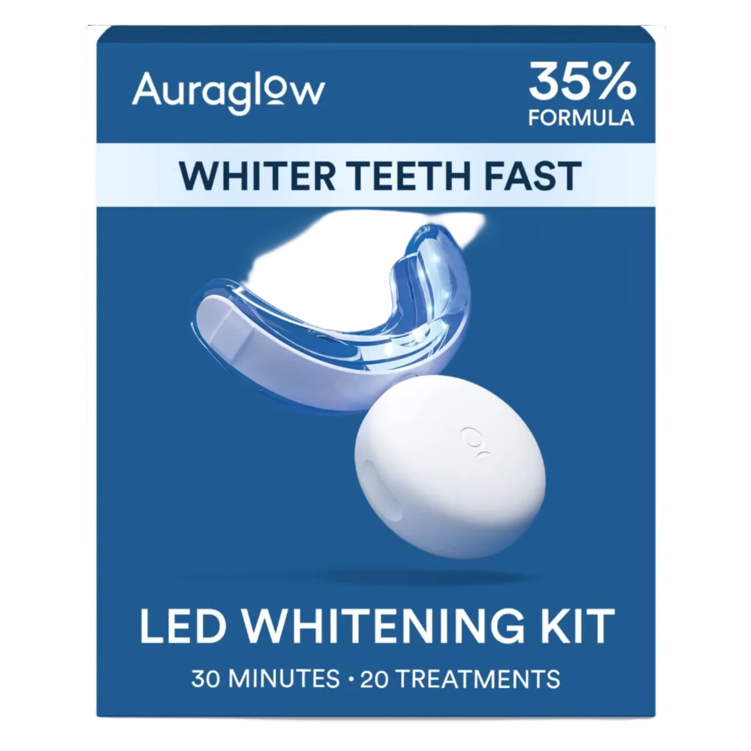 Auraglow Teeth Whitening Kit with LED light and 35% CP whitening gel showing the kit components and LED device.